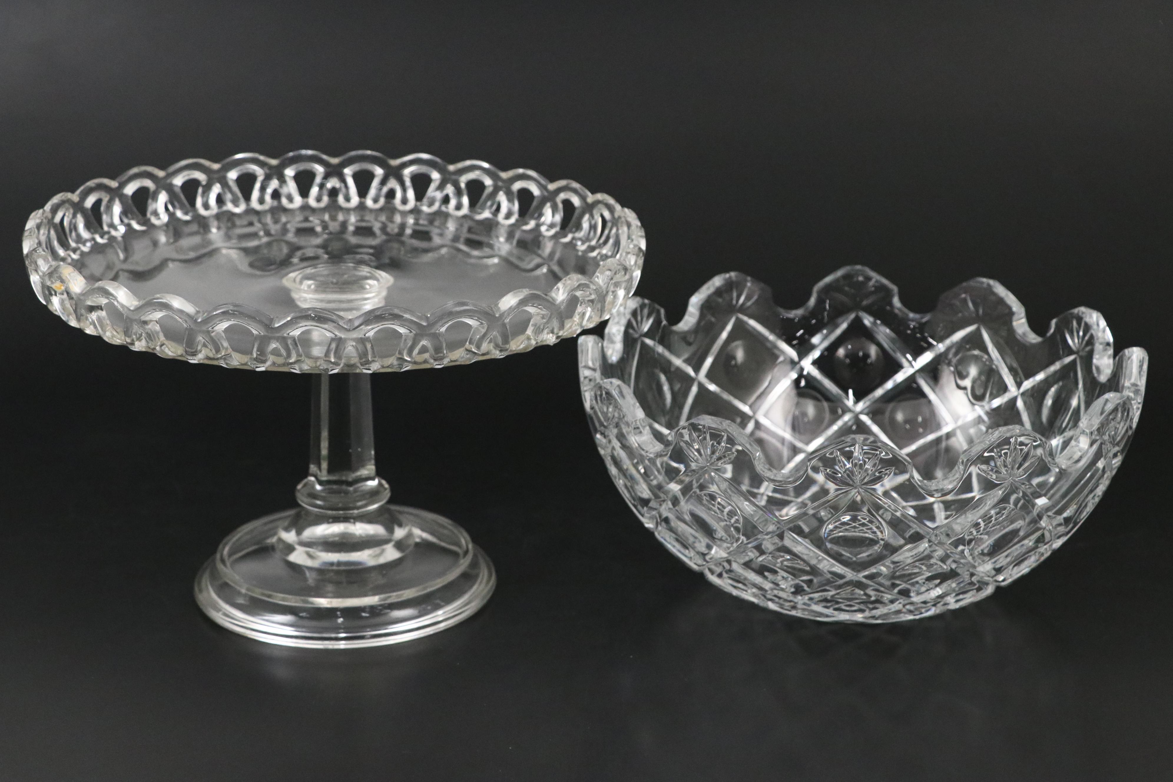 Rogaska Crystal Bowl with Glass Open Lace Cake Stand and Other Serving Dishes