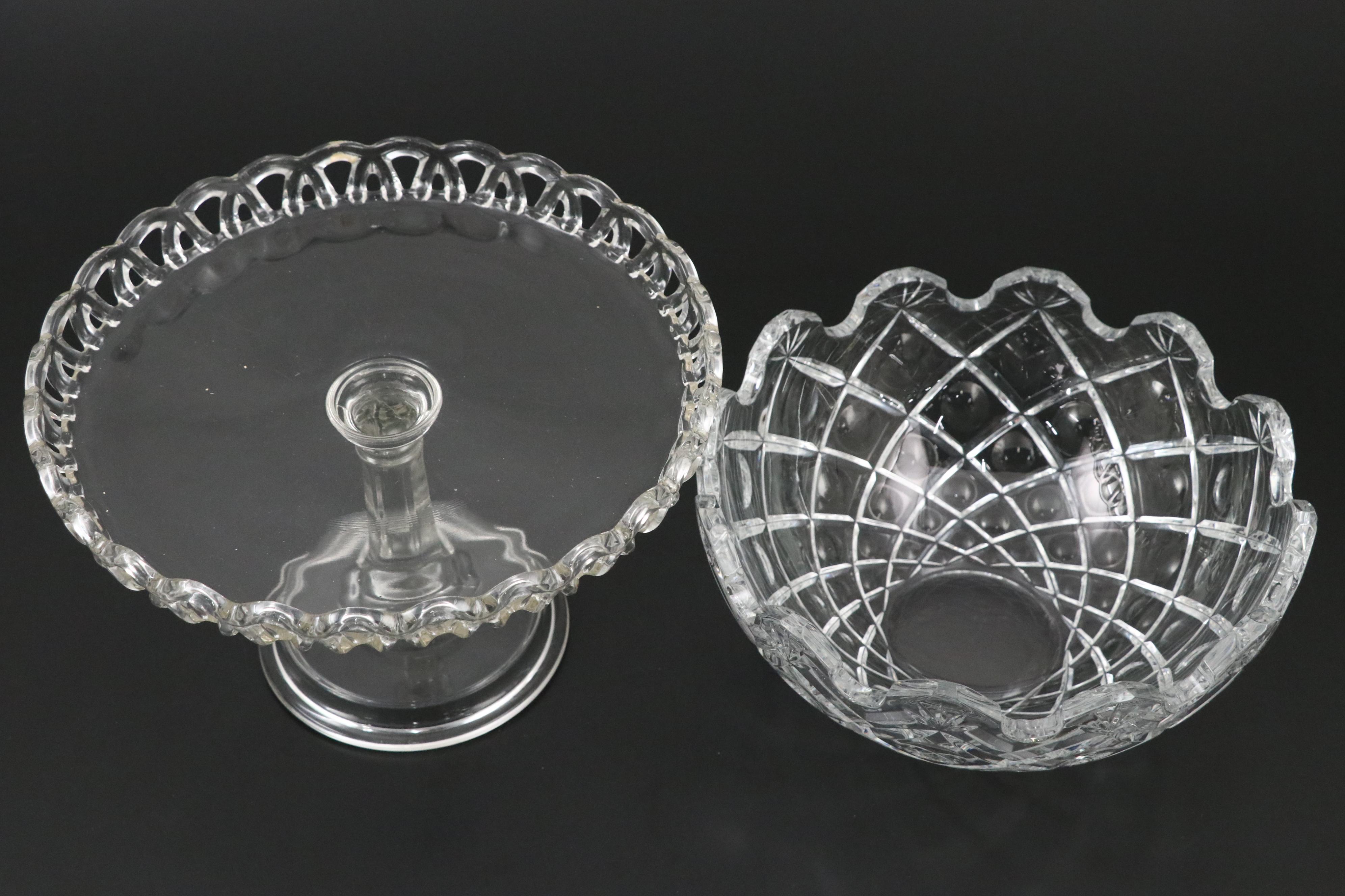 Rogaska Crystal Bowl with Glass Open Lace Cake Stand and Other Serving Dishes