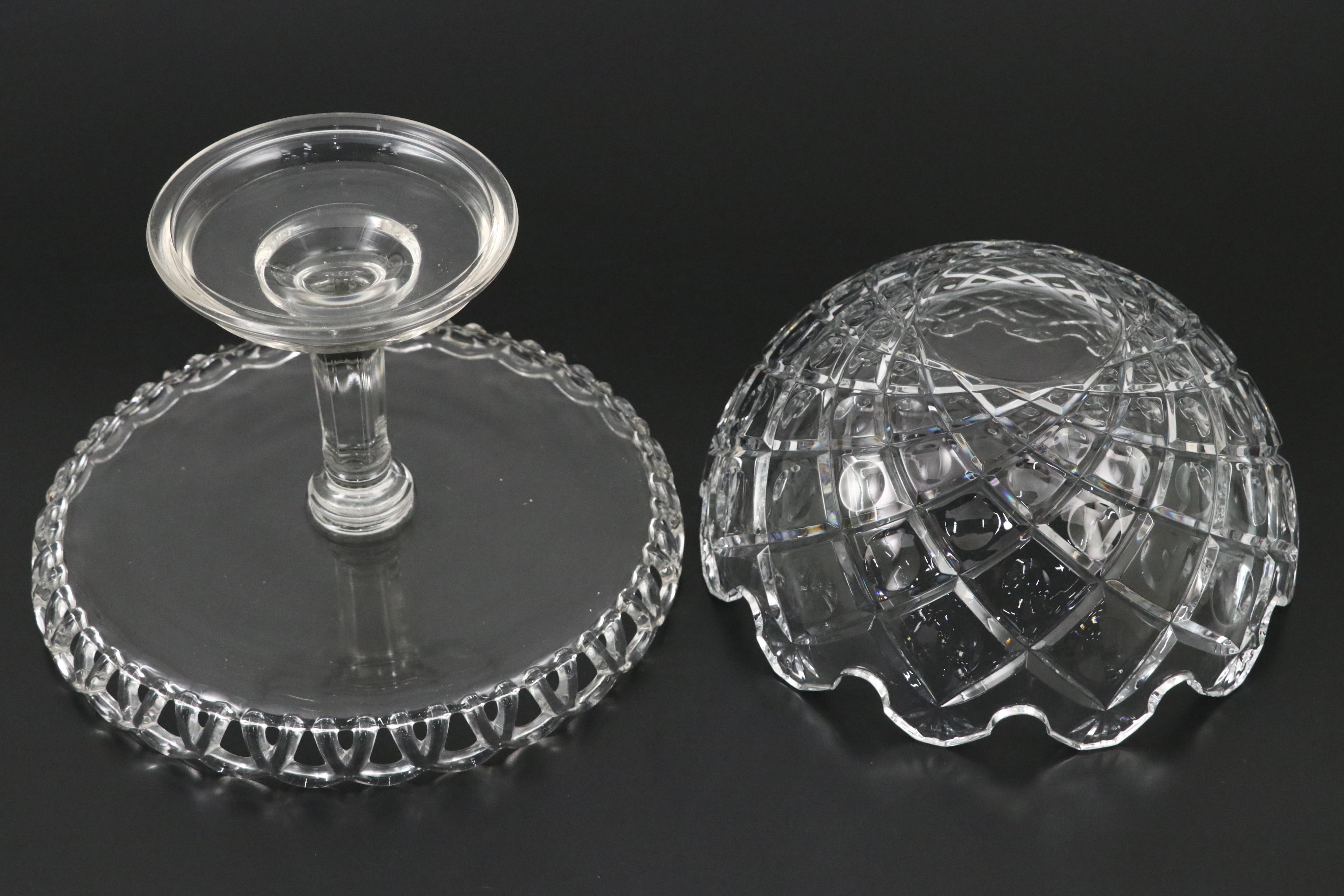 Rogaska Crystal Bowl with Glass Open Lace Cake Stand and Other Serving Dishes