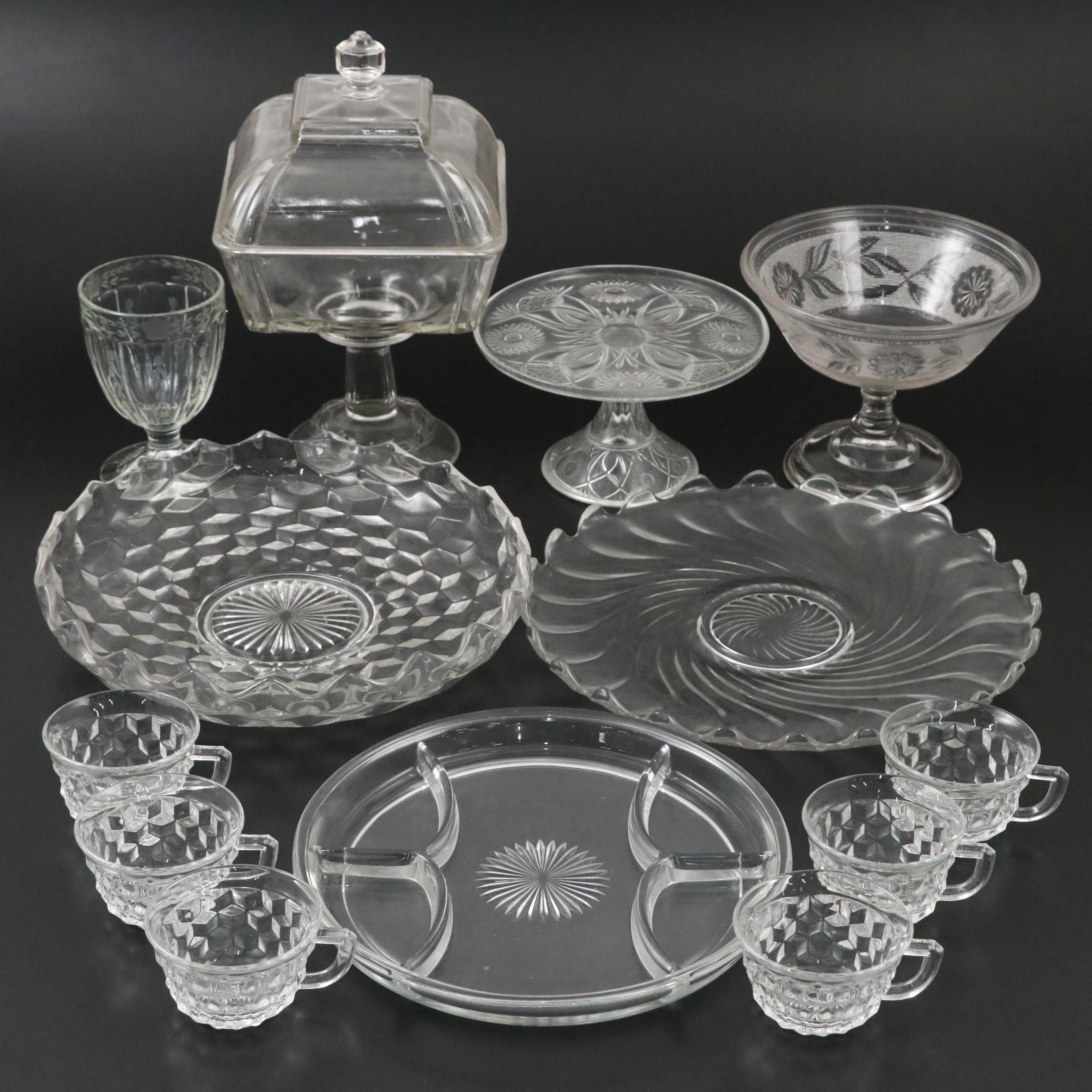 McKee & Brothers Iris Cake Stand with EAPG and Other Glass Tableware