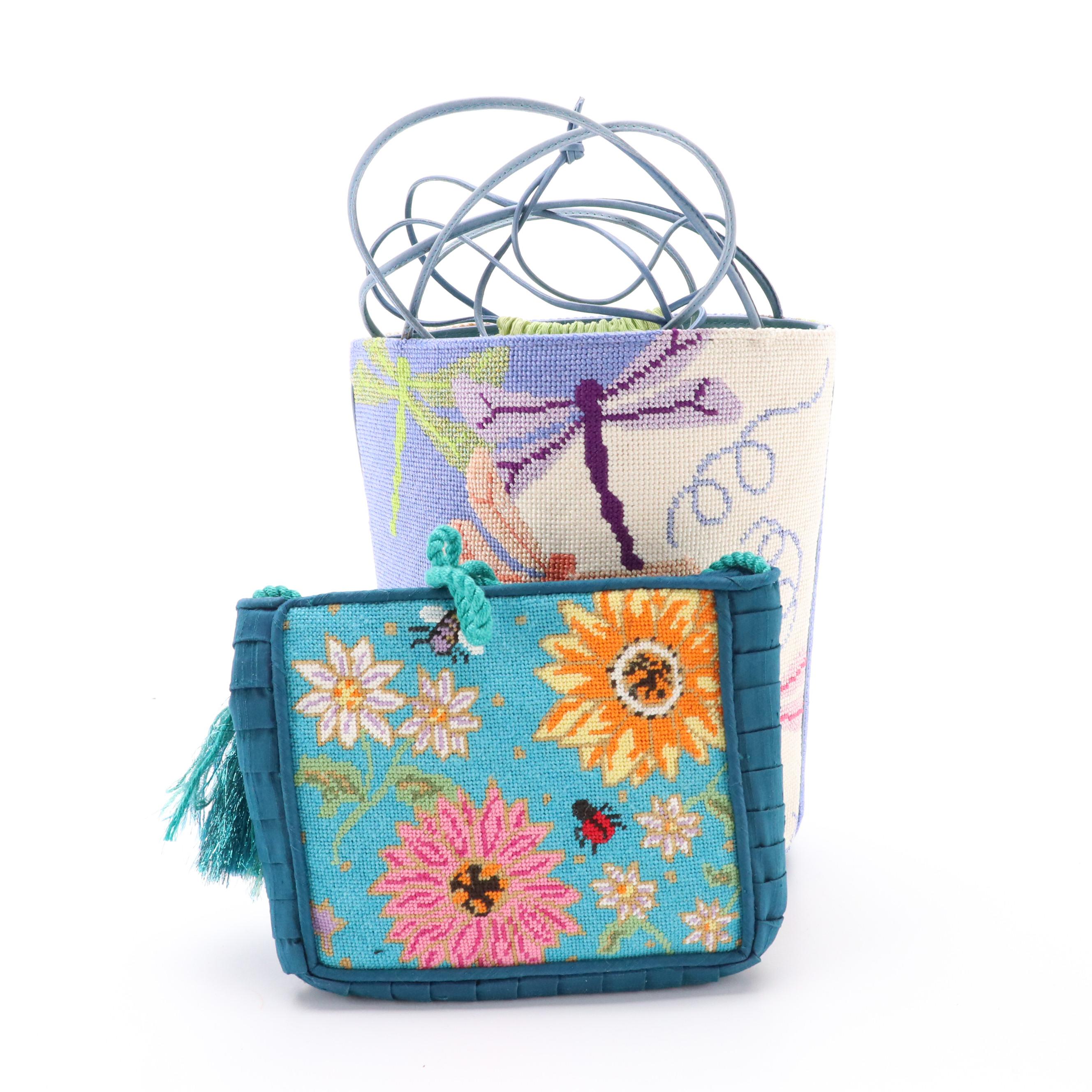 Elizabeth Turner Dragonfly Needlepoint Bucket Bag & Floral Needlepoint Crossbody