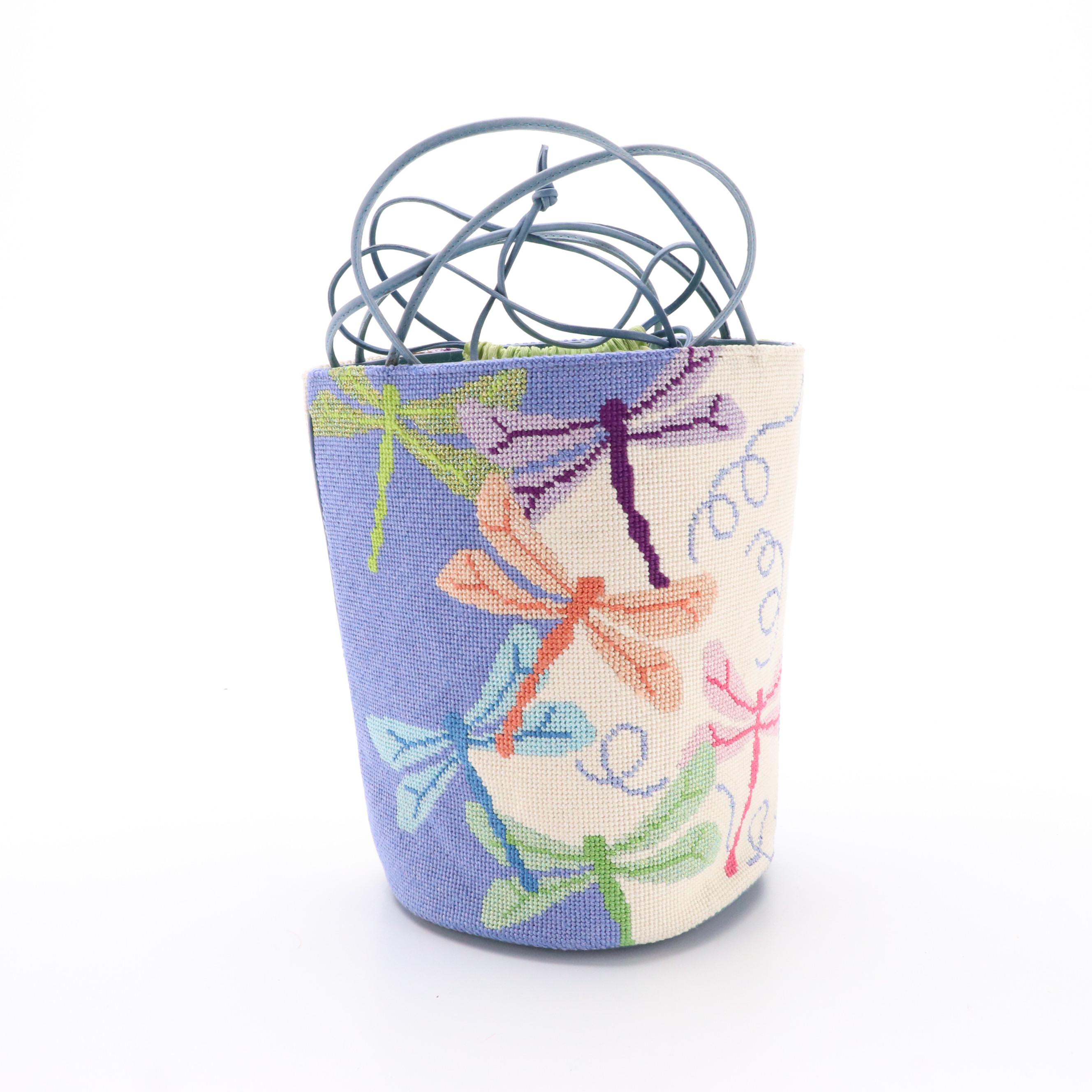 Elizabeth Turner Dragonfly Needlepoint Bucket Bag & Floral Needlepoint Crossbody