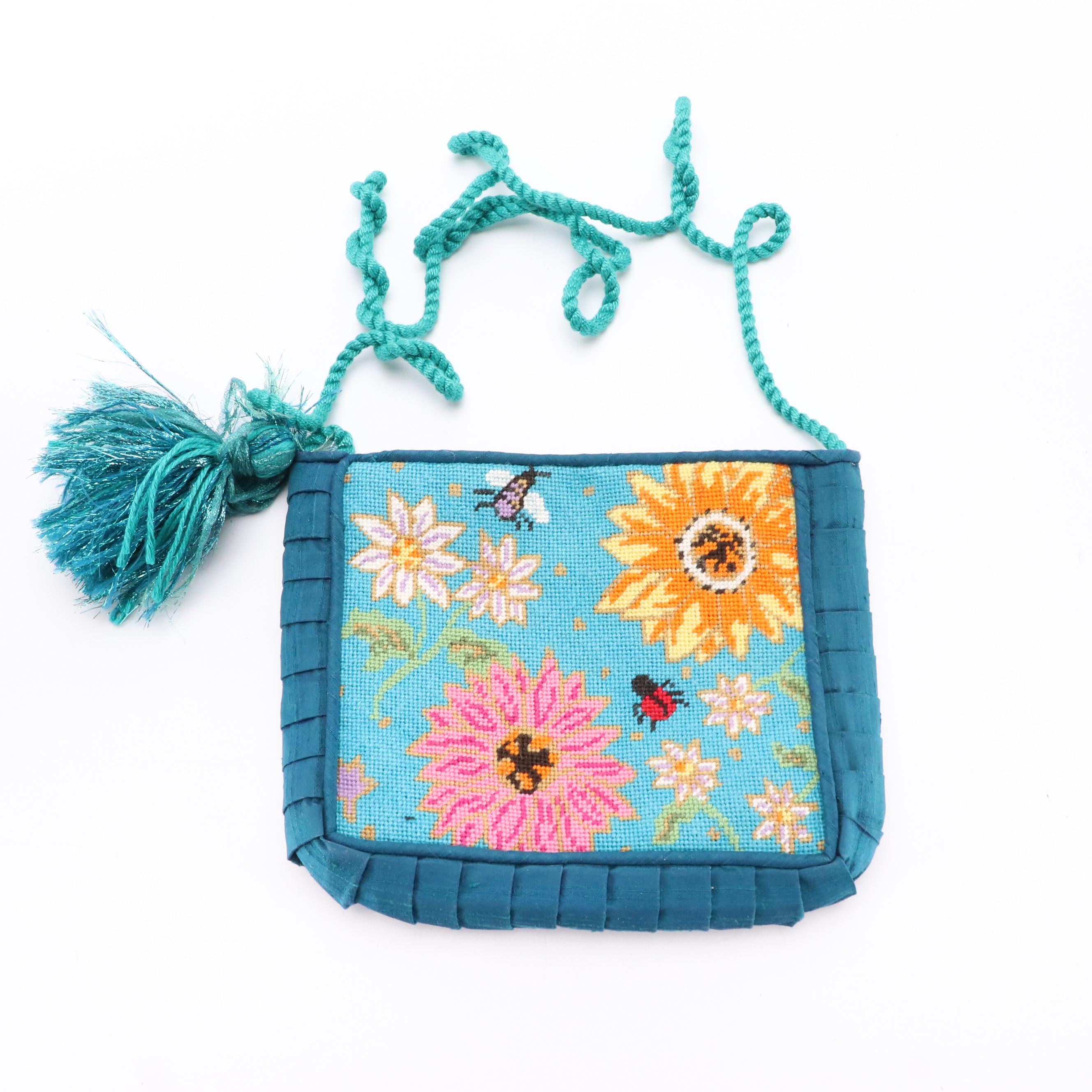 Elizabeth Turner Dragonfly Needlepoint Bucket Bag & Floral Needlepoint Crossbody
