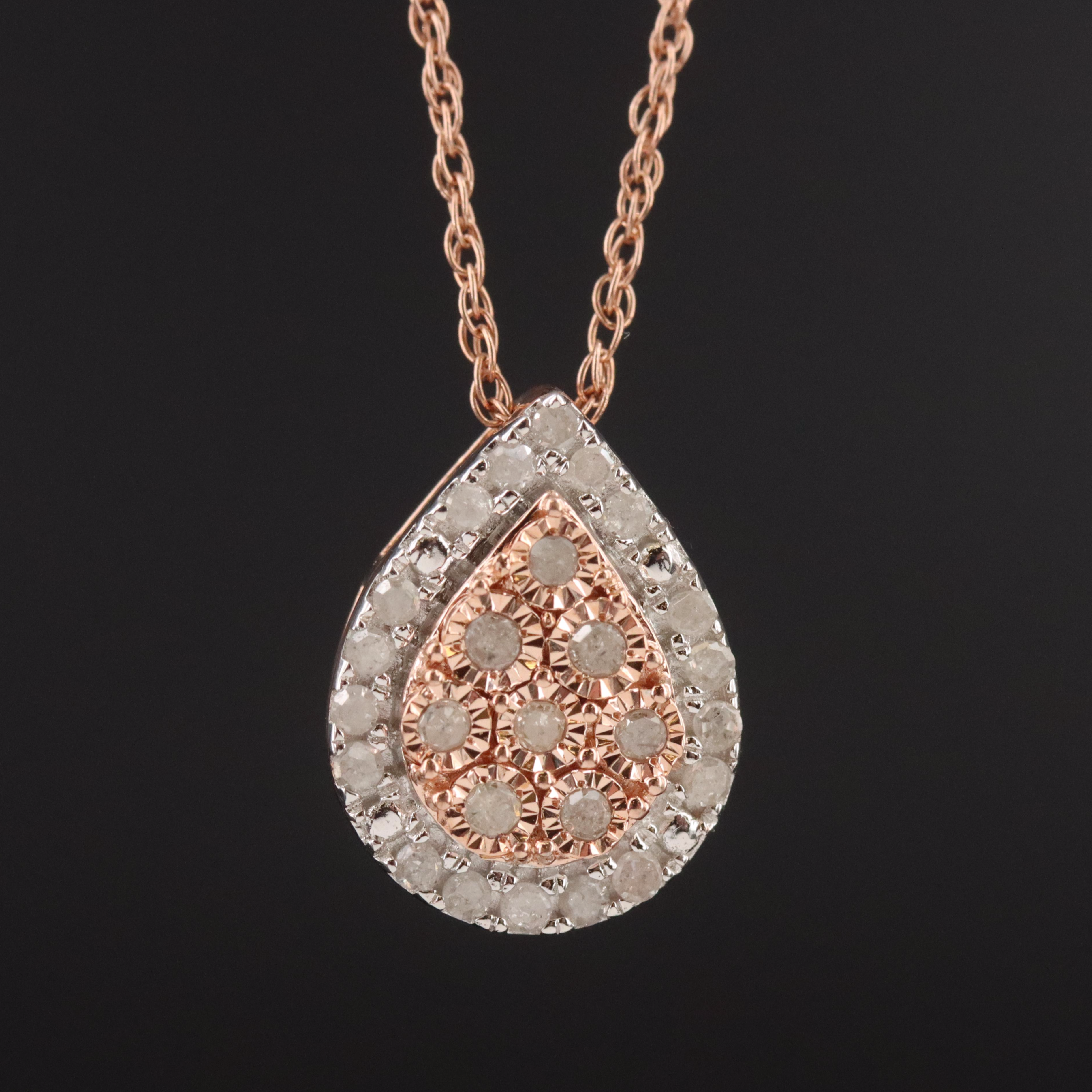 Sterling Diamond Cluster and Halo Pear Pendant Necklace