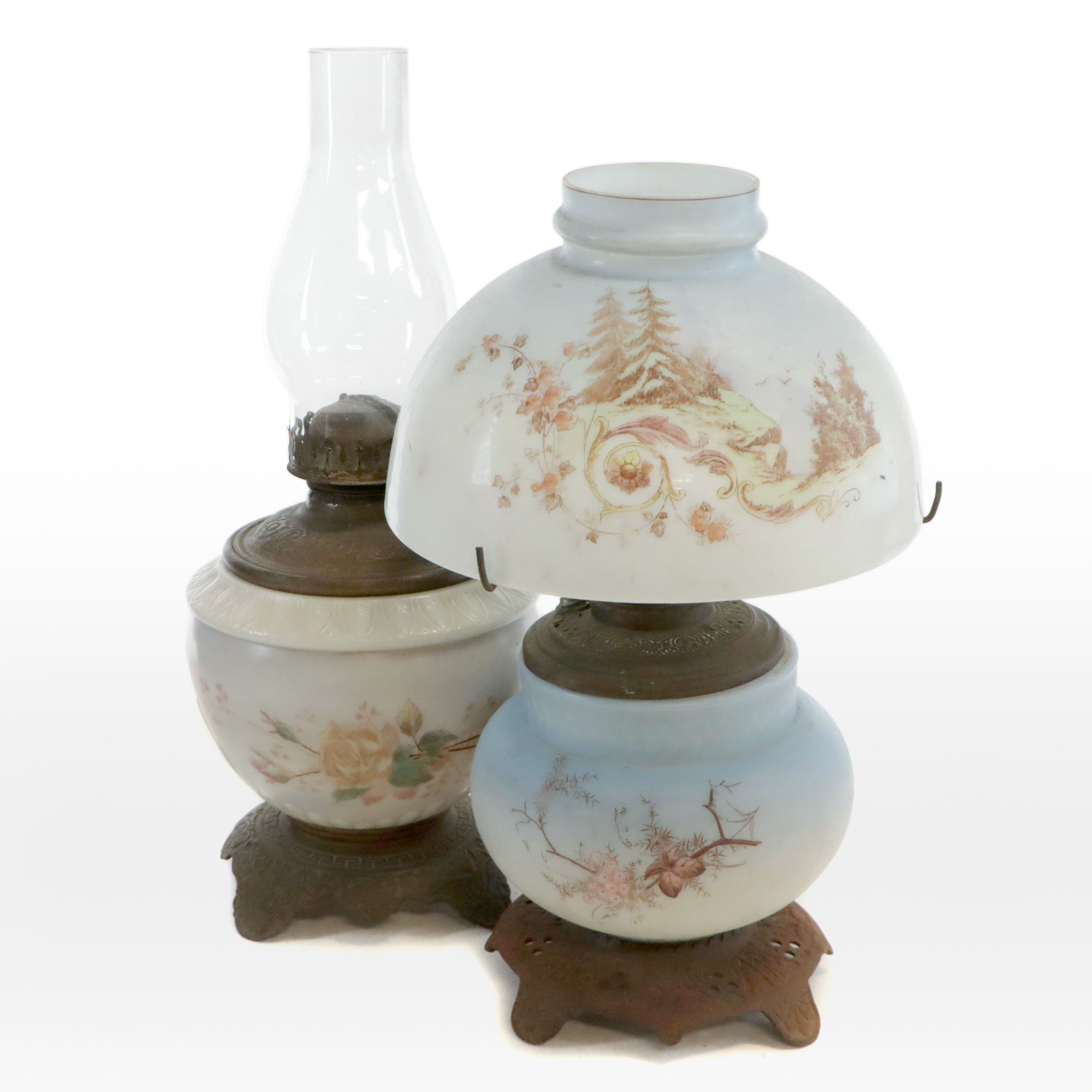 Victorian Style Glass and Iron Oil Lamp and Converted Oil Lamp