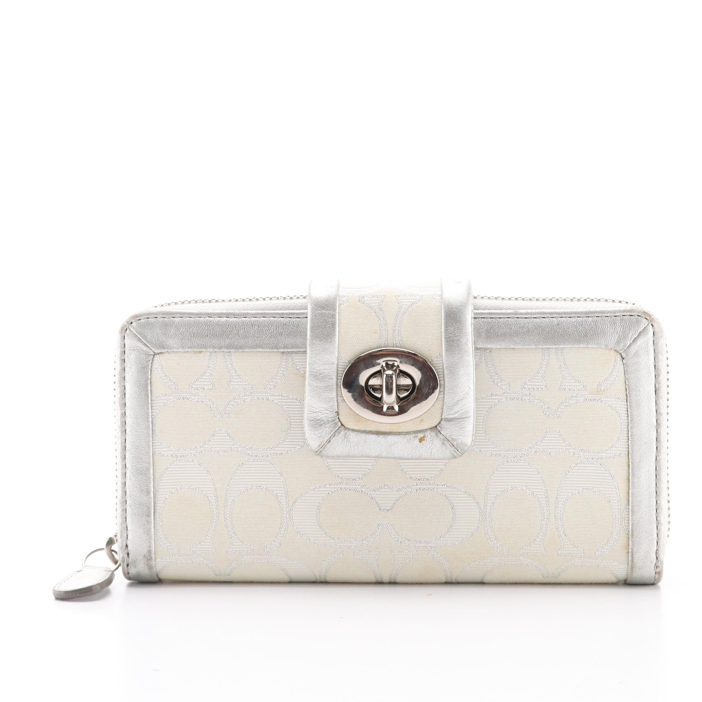 Coach Notebook in Jumbo Floral Print Signature Canvas, White/Silver Zip Wallet