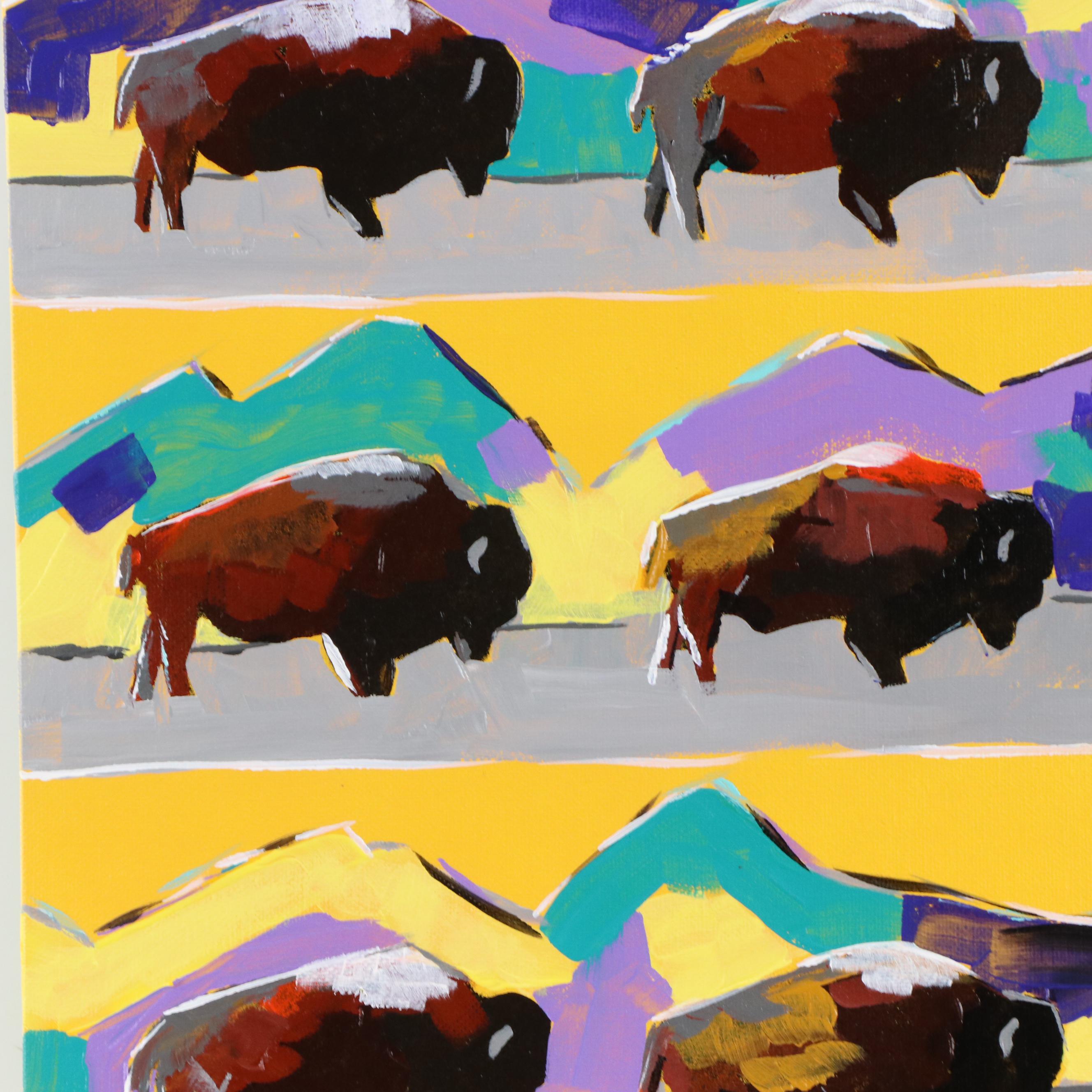 Joshua Ramsey Stylized Acrylic Painting "Six Buffalo #4," 2024