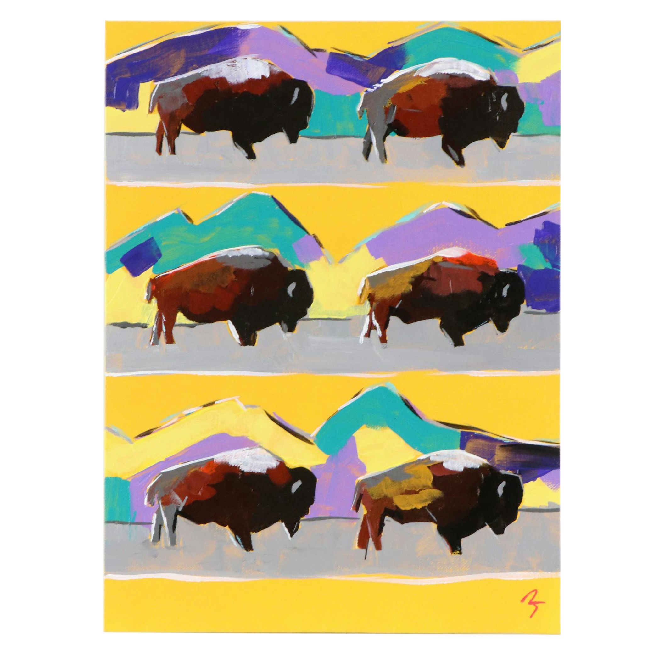 Joshua Ramsey Stylized Acrylic Painting "Six Buffalo #4," 2024