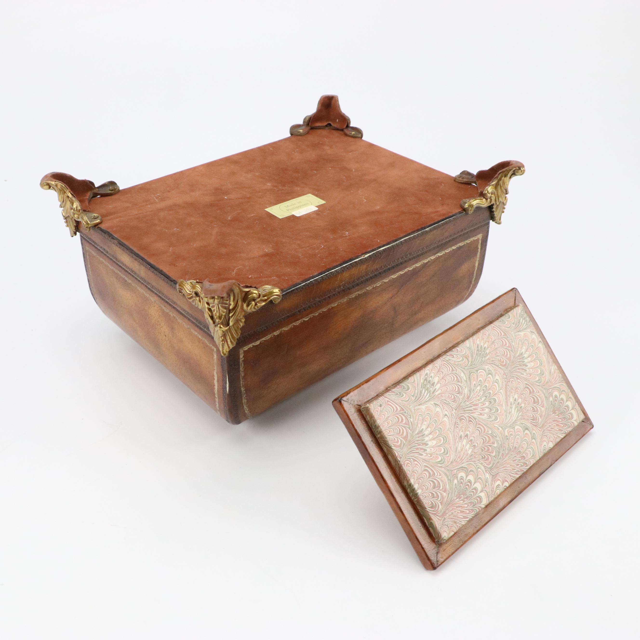 Maitland-Smith Faux Agate and Florentine Leather Casket Storage Boxes