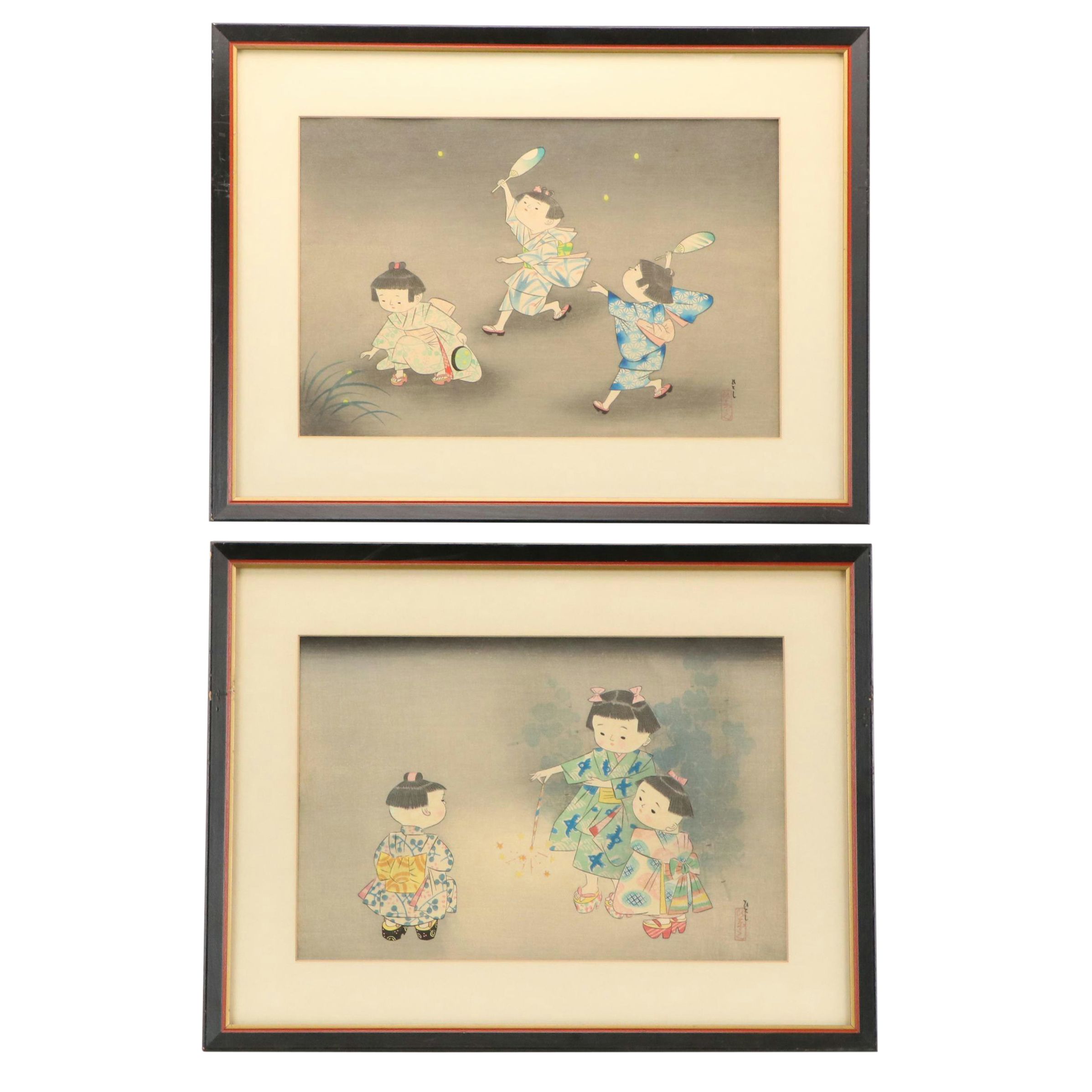Woodblocks After Hitoshi Kiyohara "Fireworks" and "Children Chasing Fireflies"