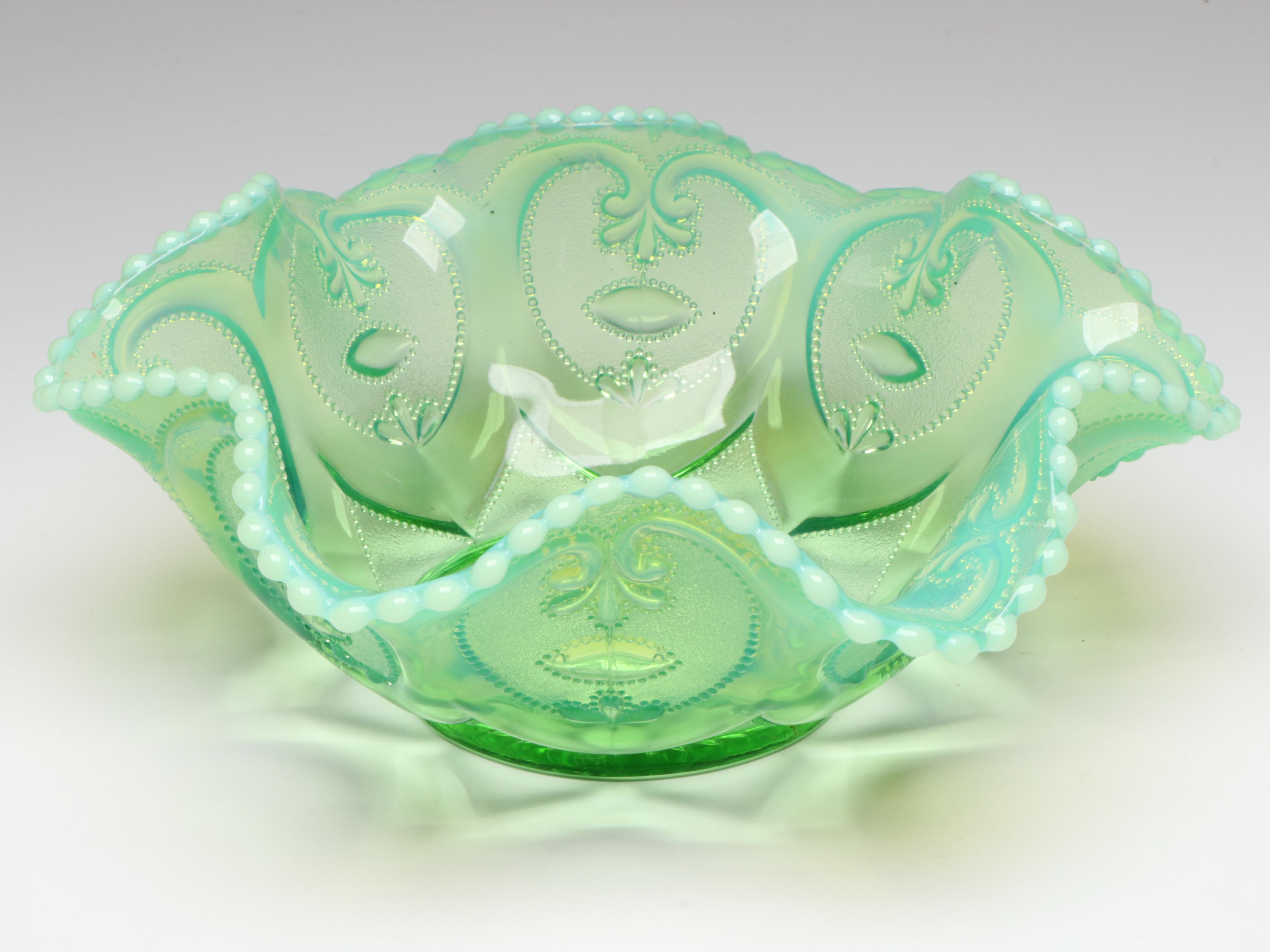 Dugan Green Opalescent Glass Jeweled Heart Berry Set, Early to Mid-20th Century