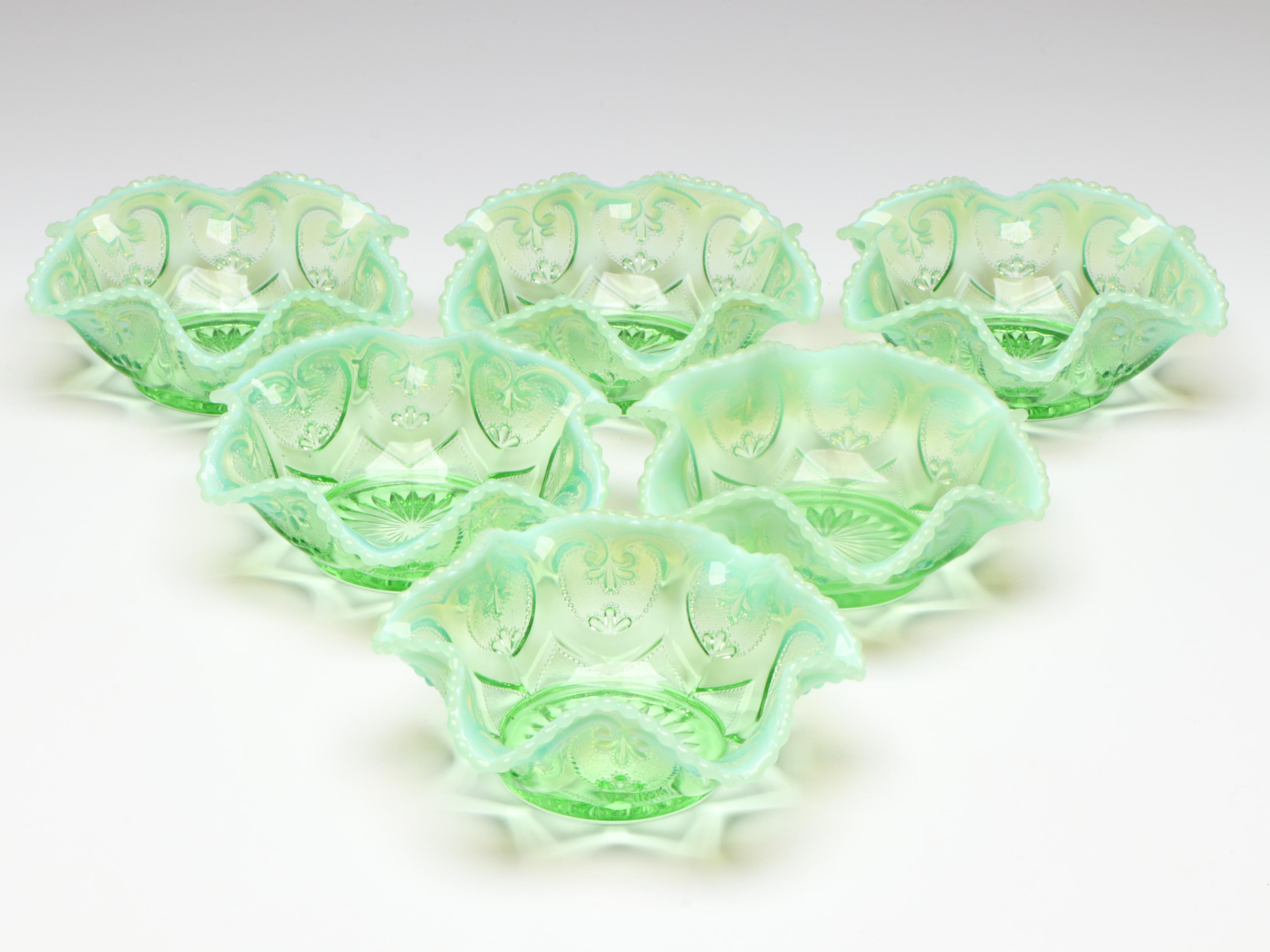 Dugan Green Opalescent Glass Jeweled Heart Berry Set, Early to Mid-20th Century