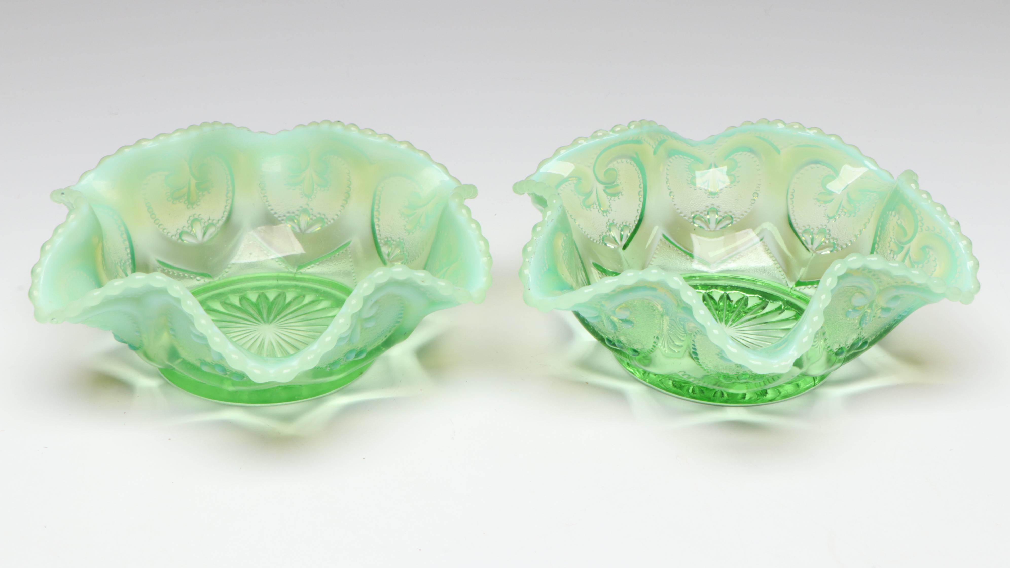 Dugan Green Opalescent Glass Jeweled Heart Berry Set, Early to Mid-20th Century