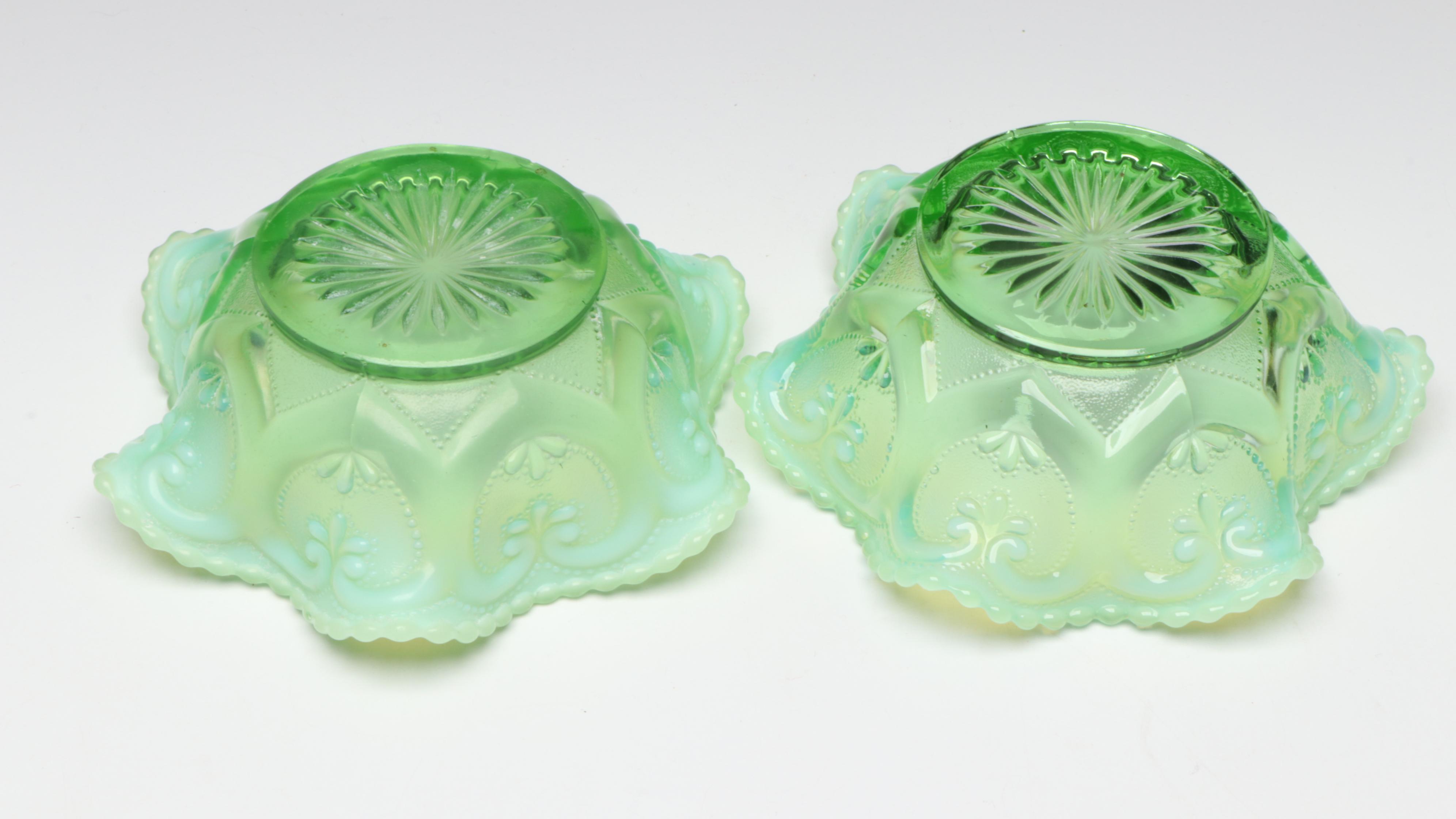 Dugan Green Opalescent Glass Jeweled Heart Berry Set, Early to Mid-20th Century