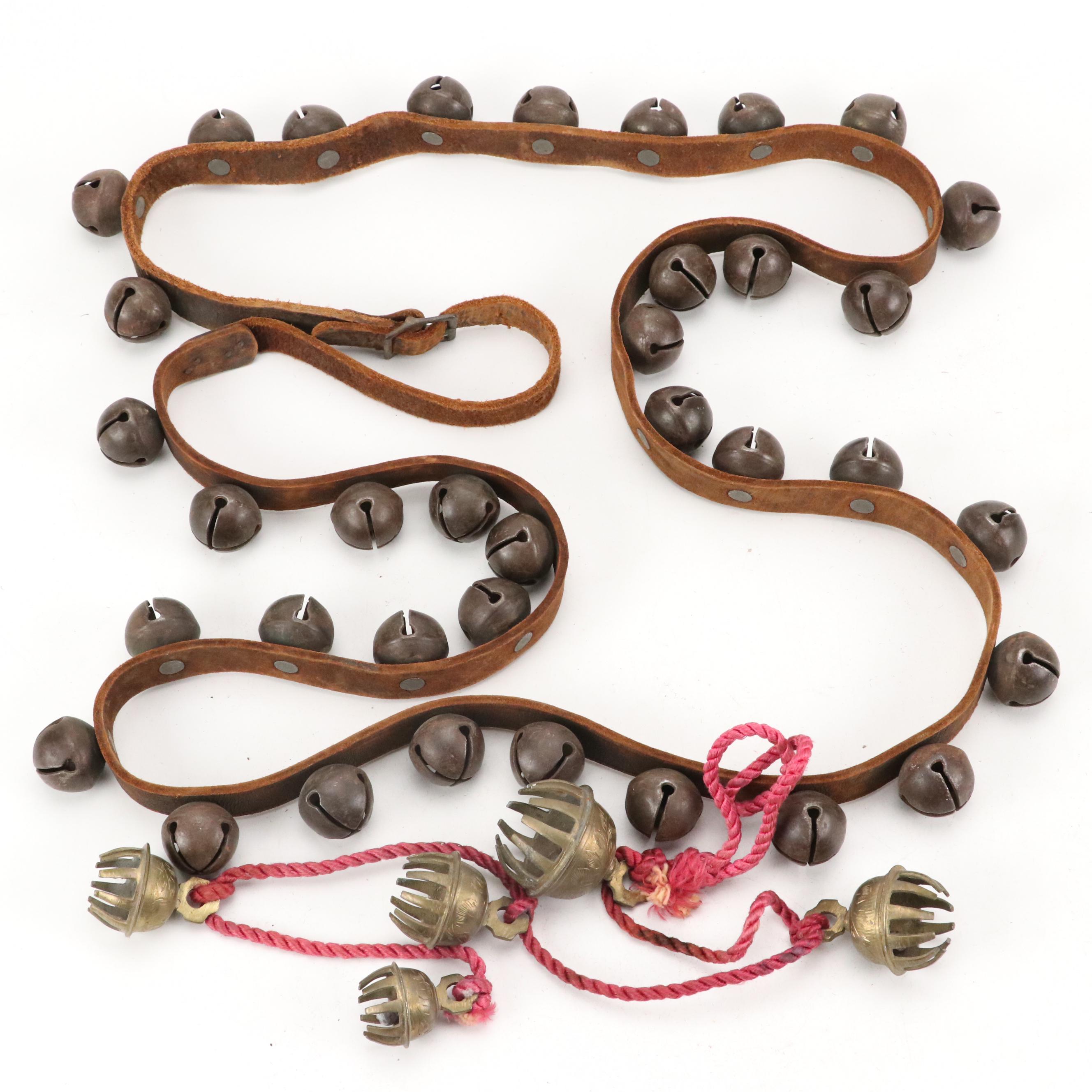 Brass Harness Sleigh Bells on Leather Straps with Elephant Bells