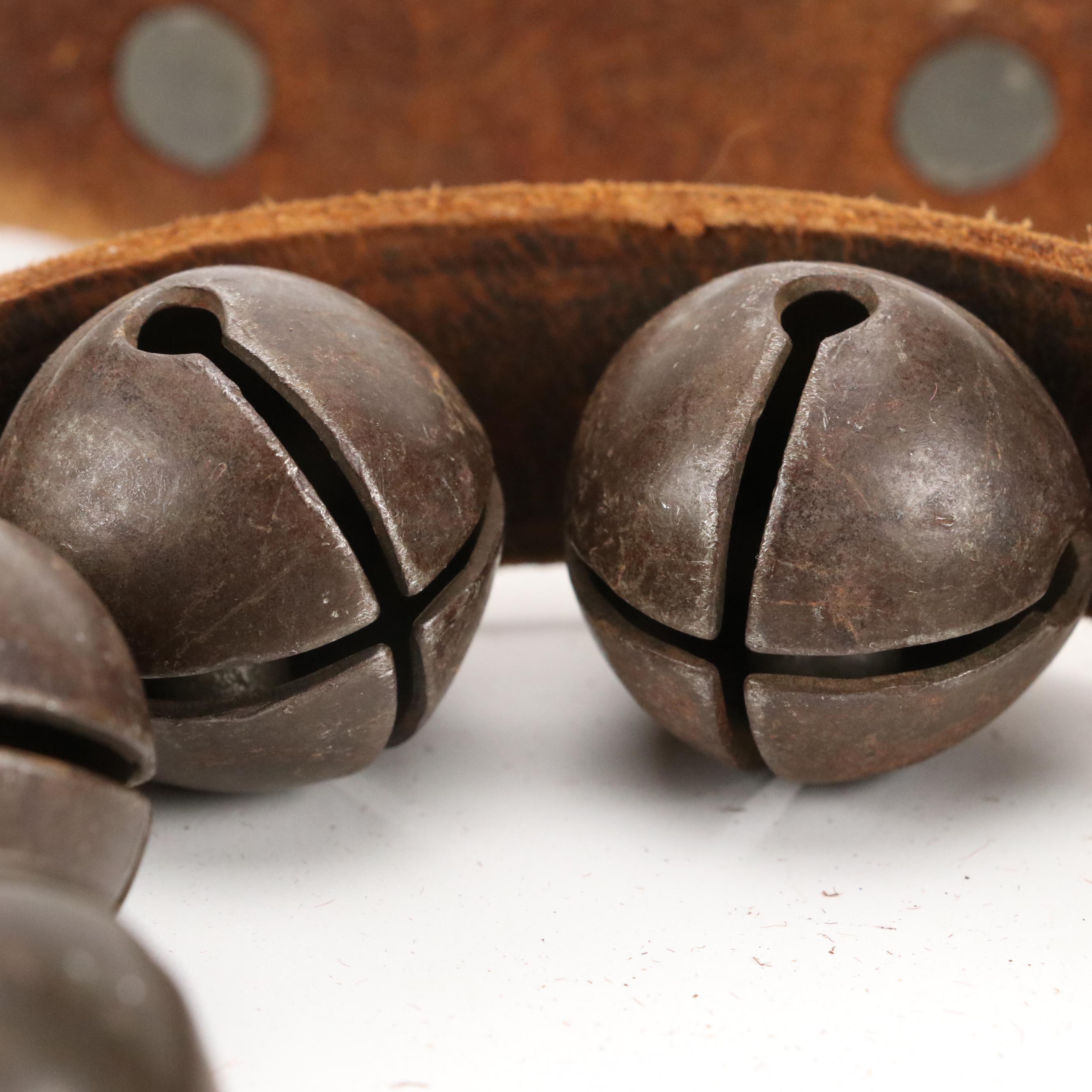 Brass Harness Sleigh Bells on Leather Straps with Elephant Bells