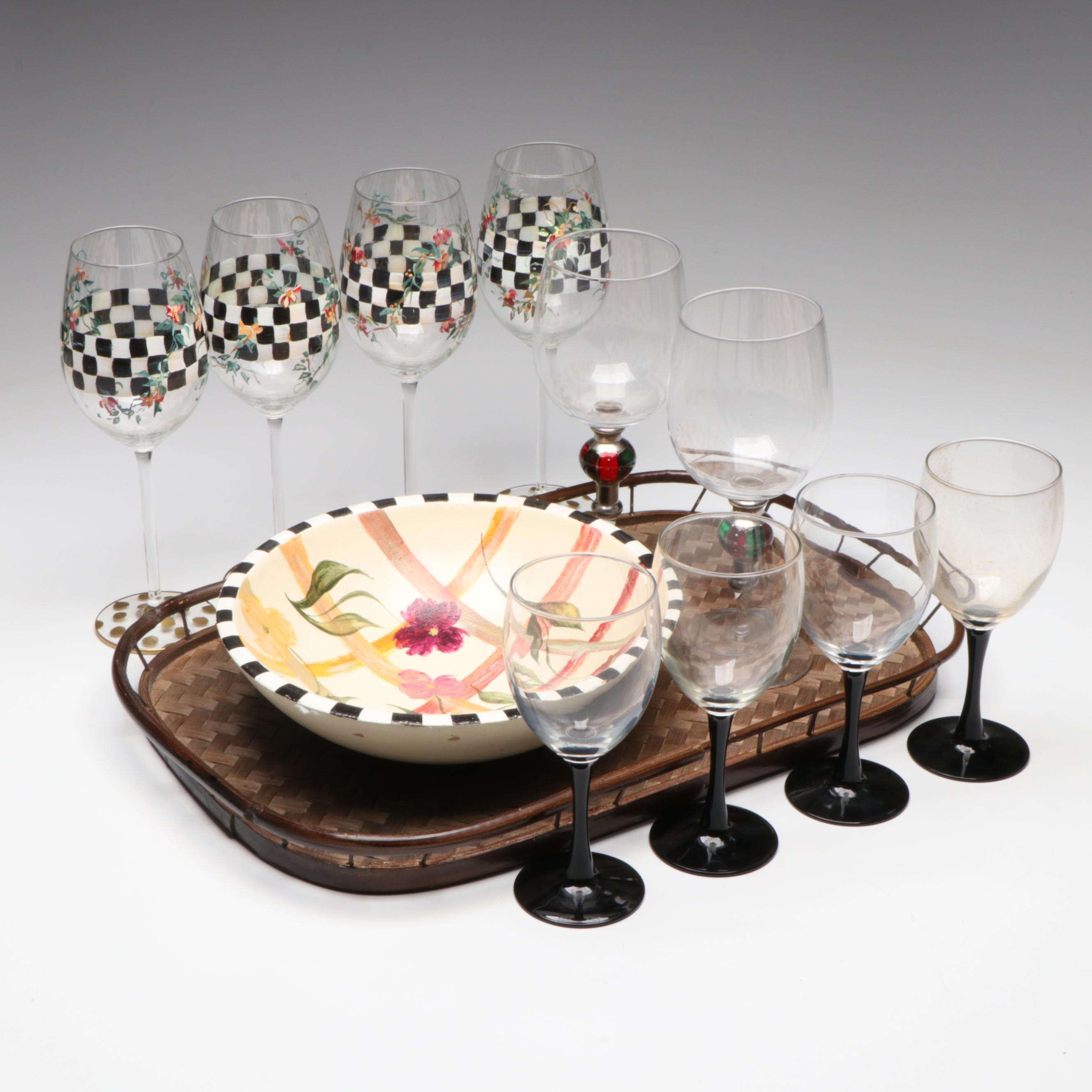 Glass Wine Glasses with Wooden Bowl and Woven Tray