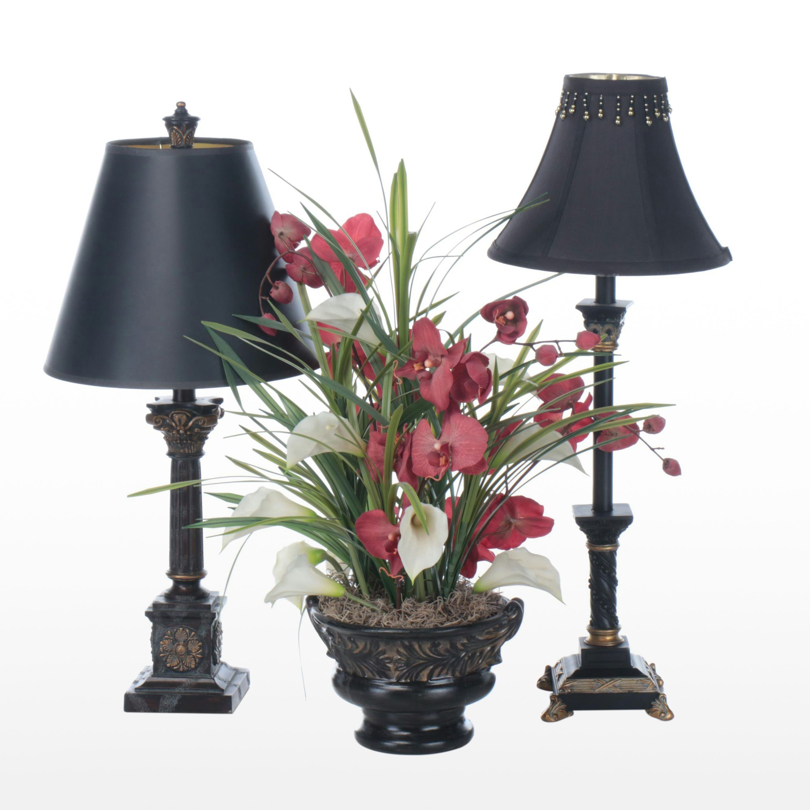 Neoclassical Style Candlestick Lamps, Faux Orchid & Calla Lily Arrangement