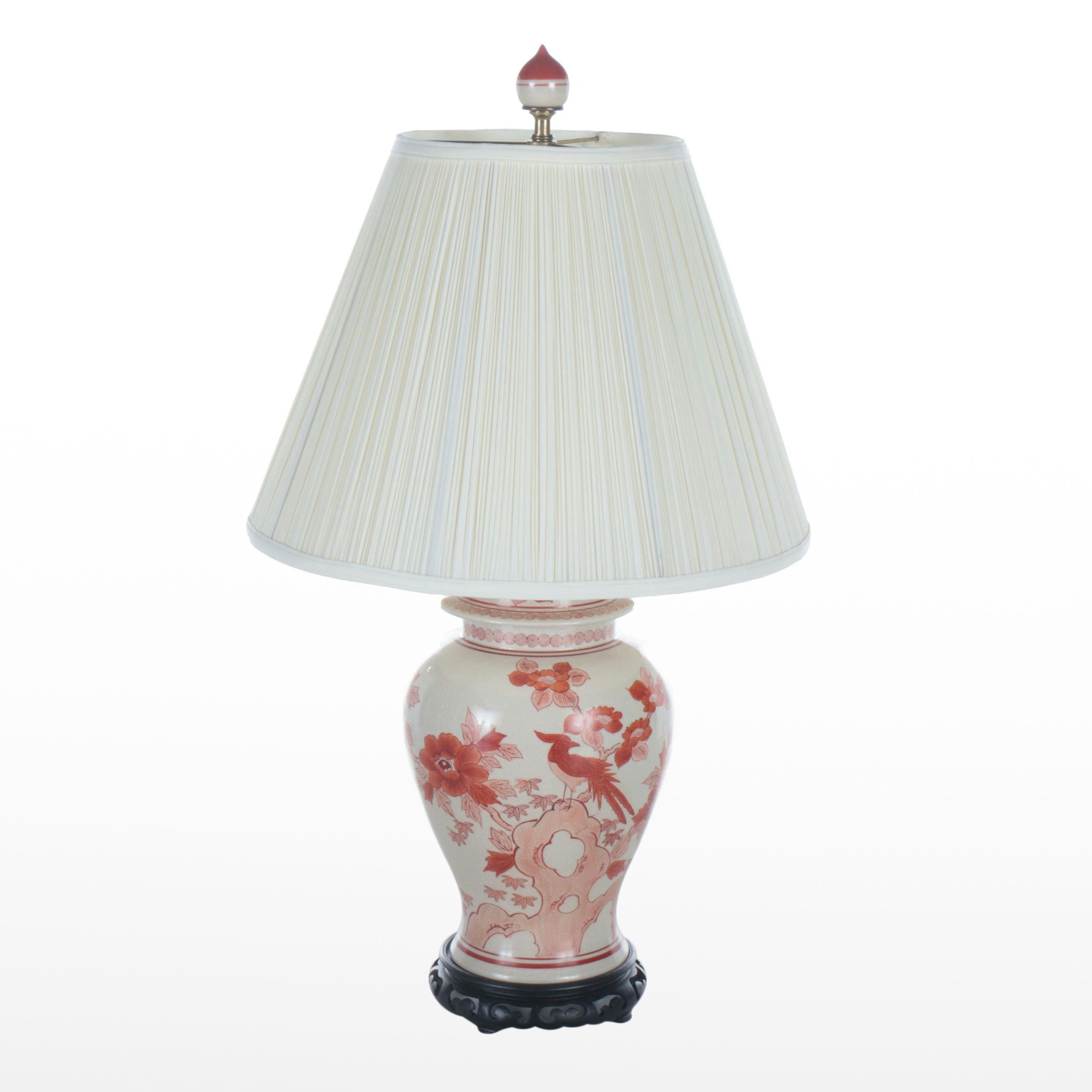 Chinese Hand-Painted Red & White Porcelain Ginger Jar Lamp with Pleated Shade