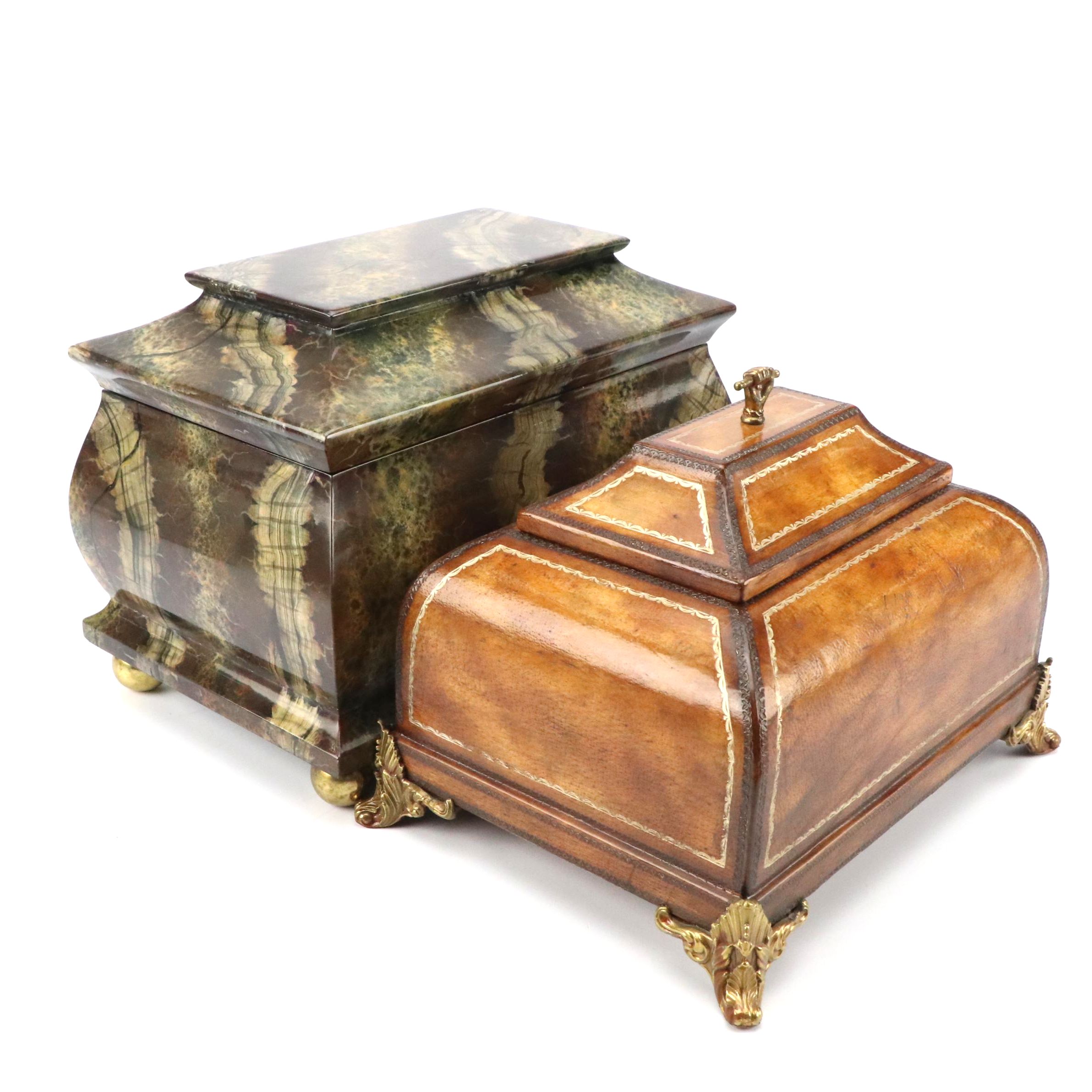 Maitland-Smith Faux Agate and Florentine Leather Casket Storage Boxes