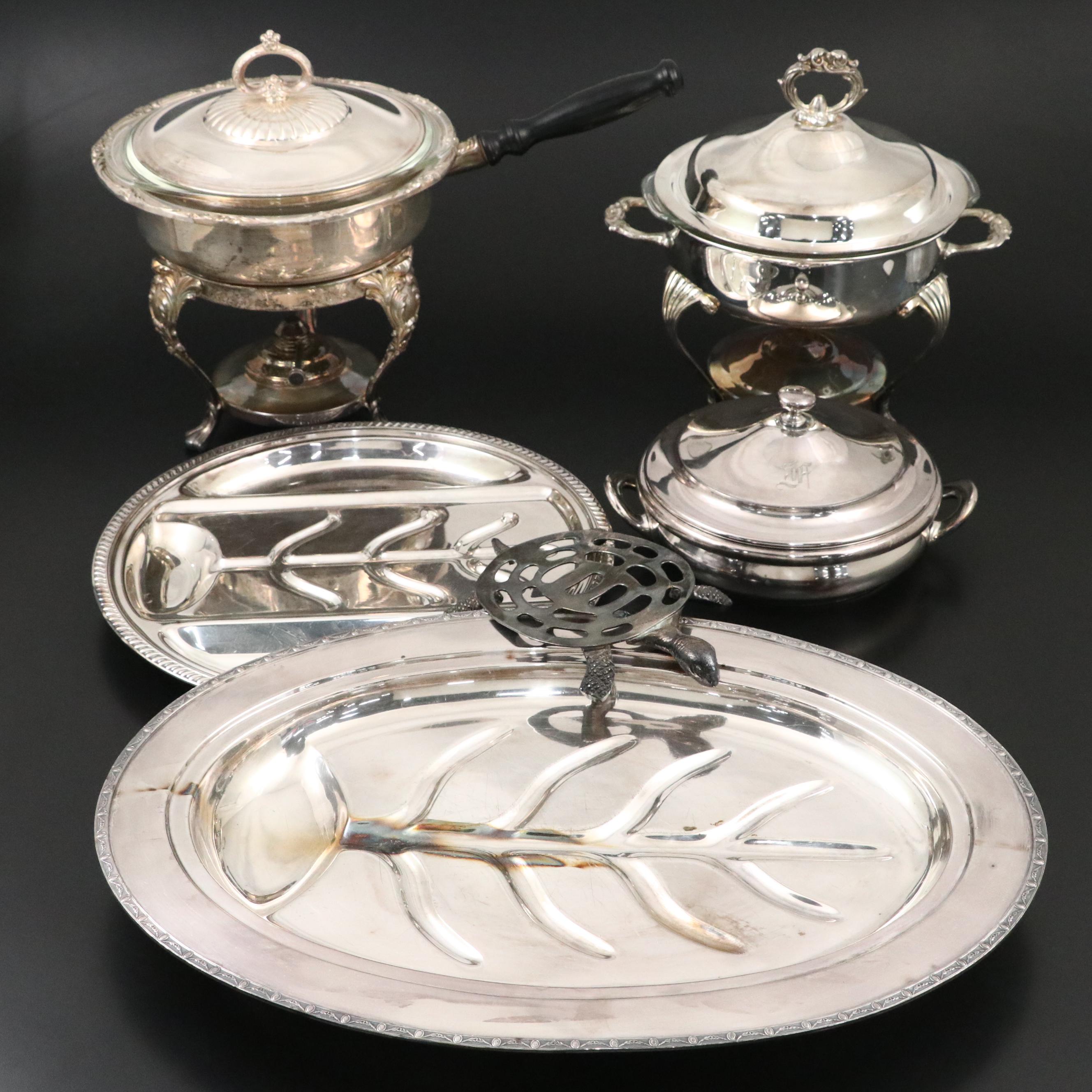 Harford Sterling Co. with Other Silver Plate Chafing Dish and Serving Pieces