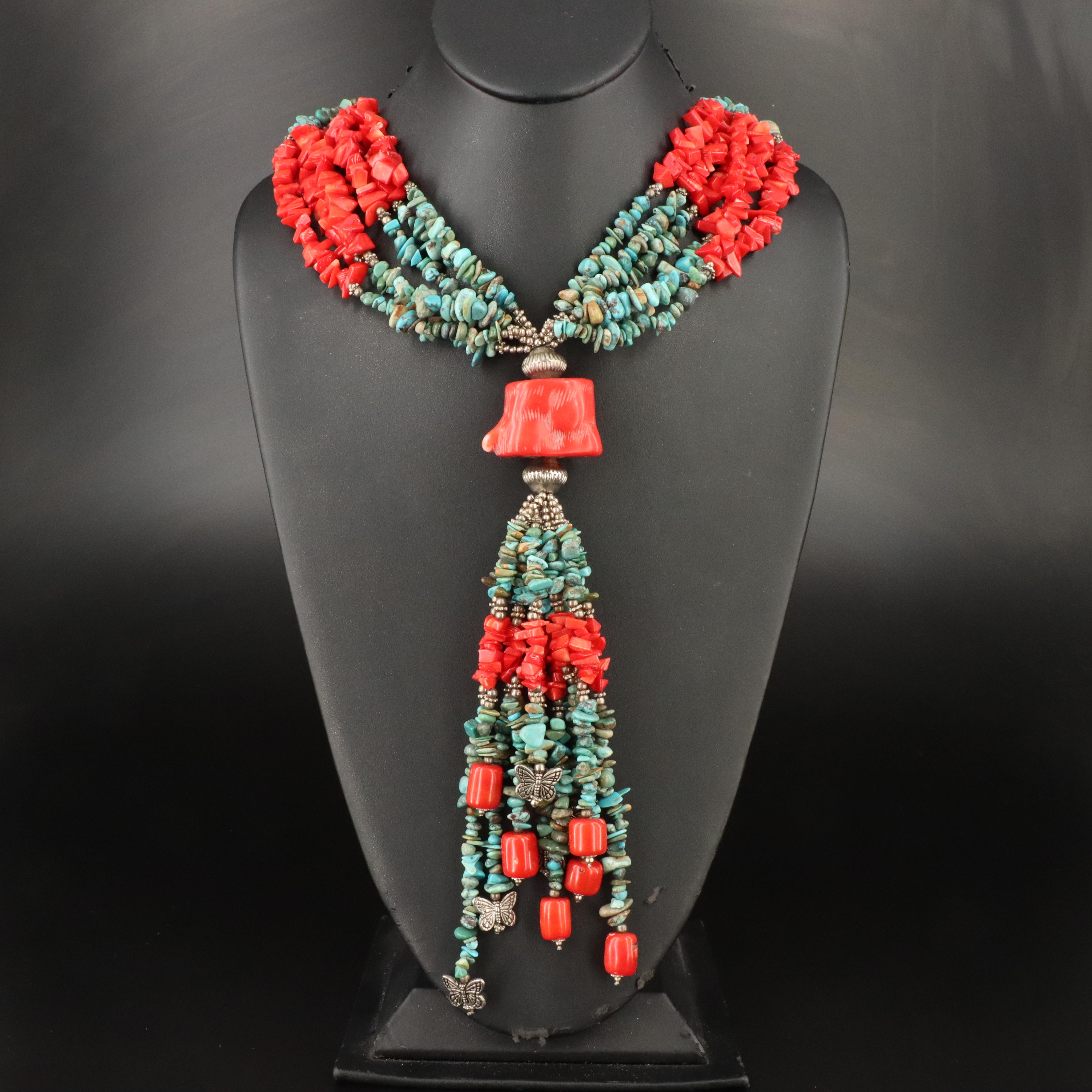 Turquoise and Coral Multi-Strand Beaded Necklace