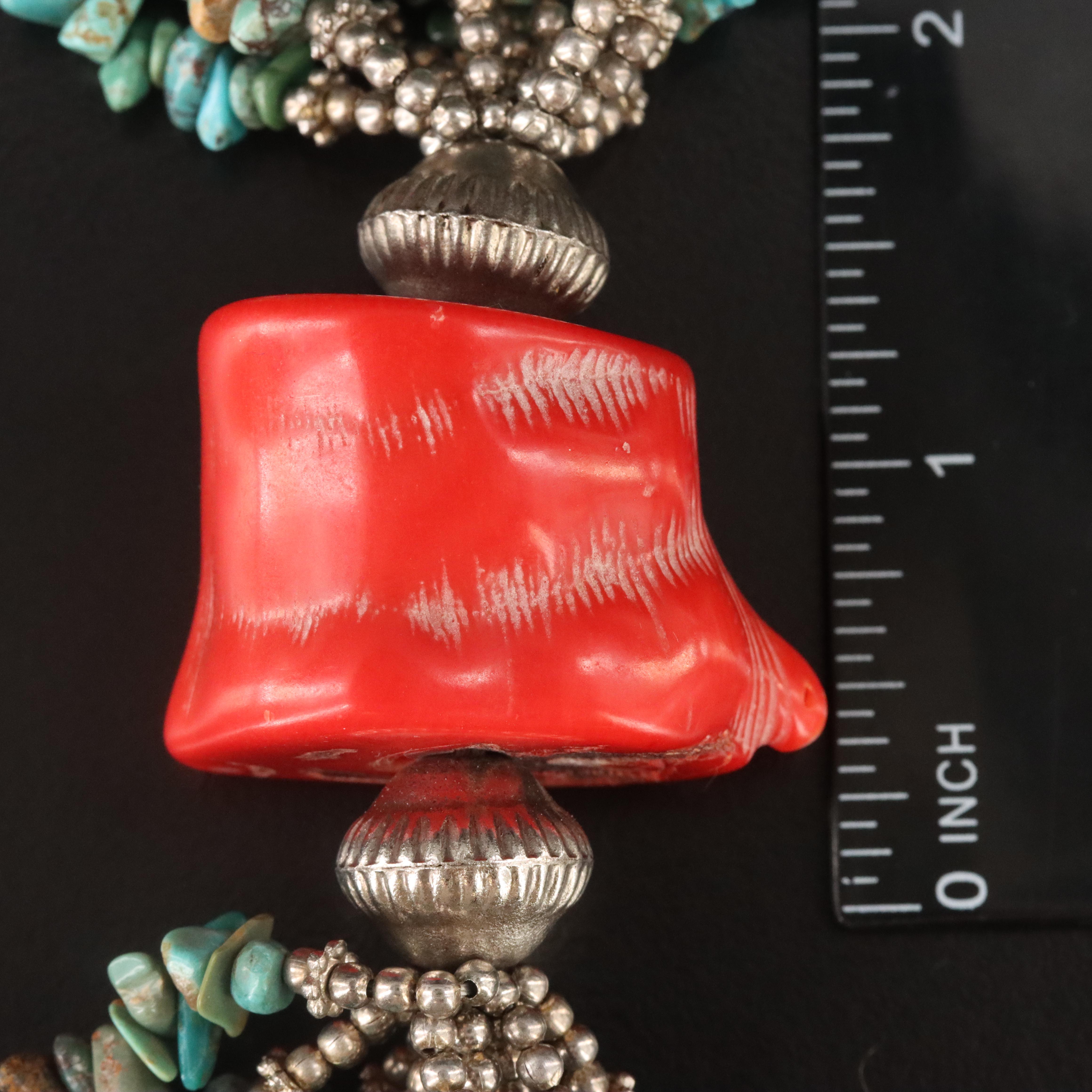 Turquoise and Coral Multi-Strand Beaded Necklace