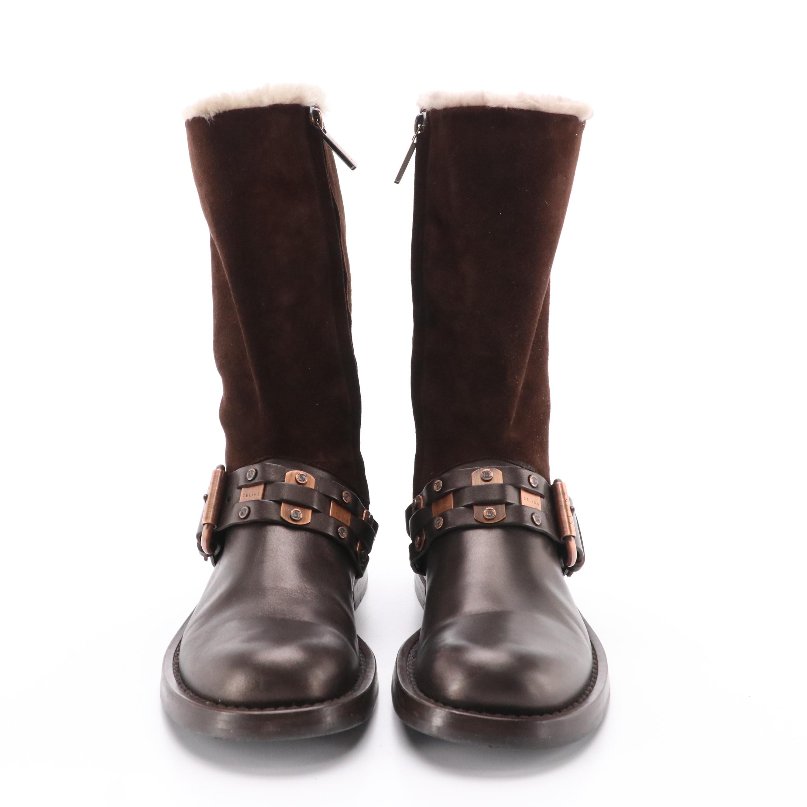 Céline Mid-Calf Moto Boots in Brown Leather and Suede