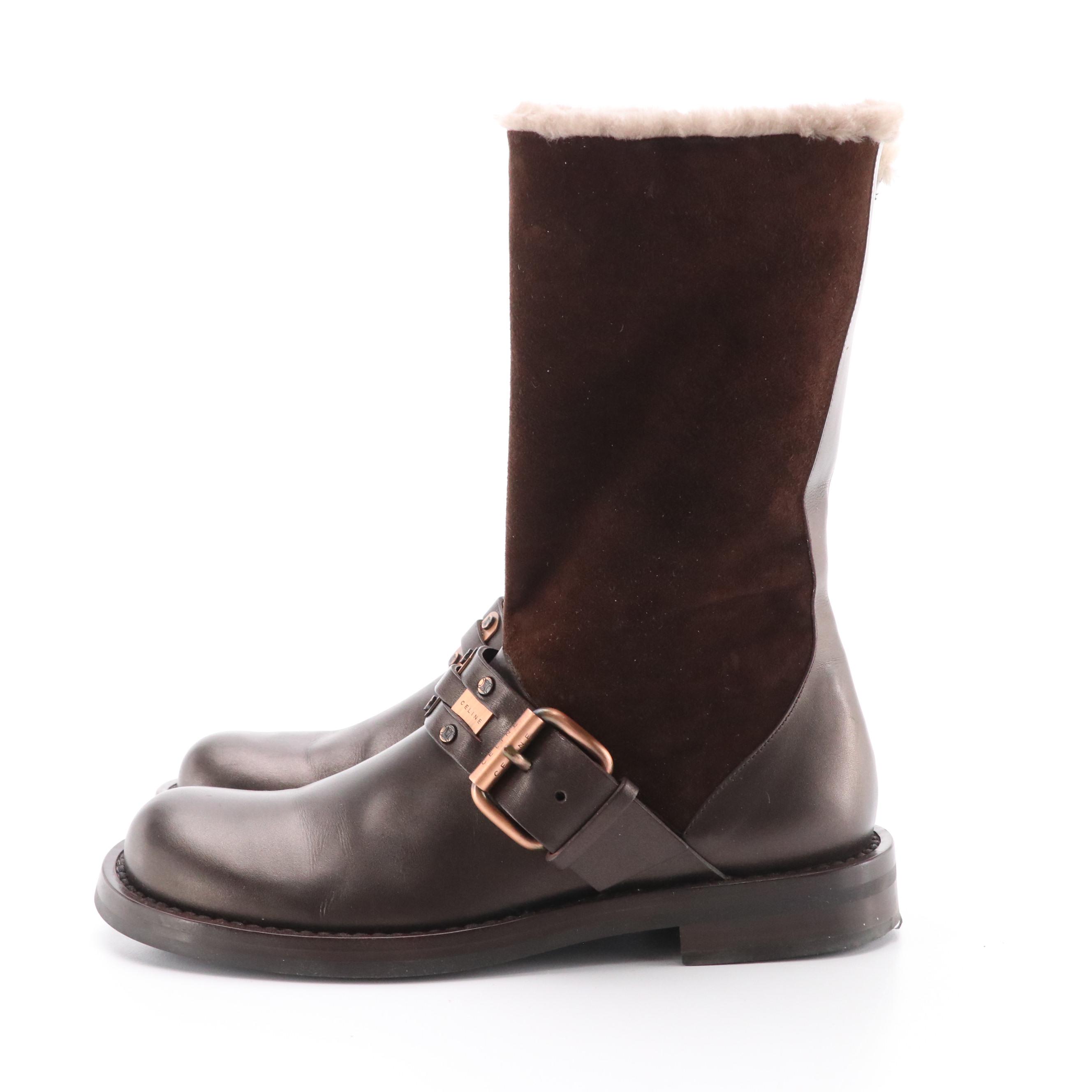 Céline Mid-Calf Moto Boots in Brown Leather and Suede