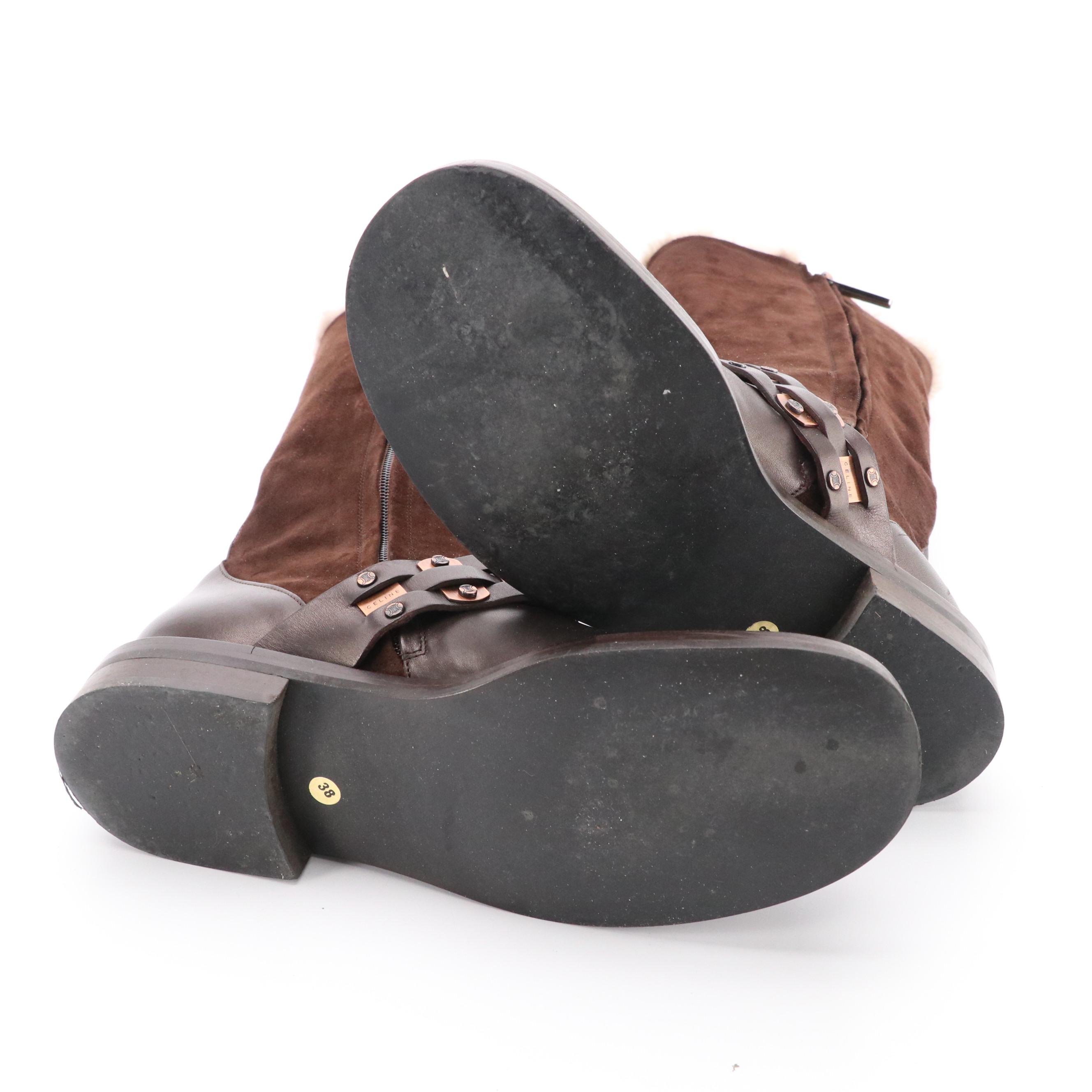 Céline Mid-Calf Moto Boots in Brown Leather and Suede