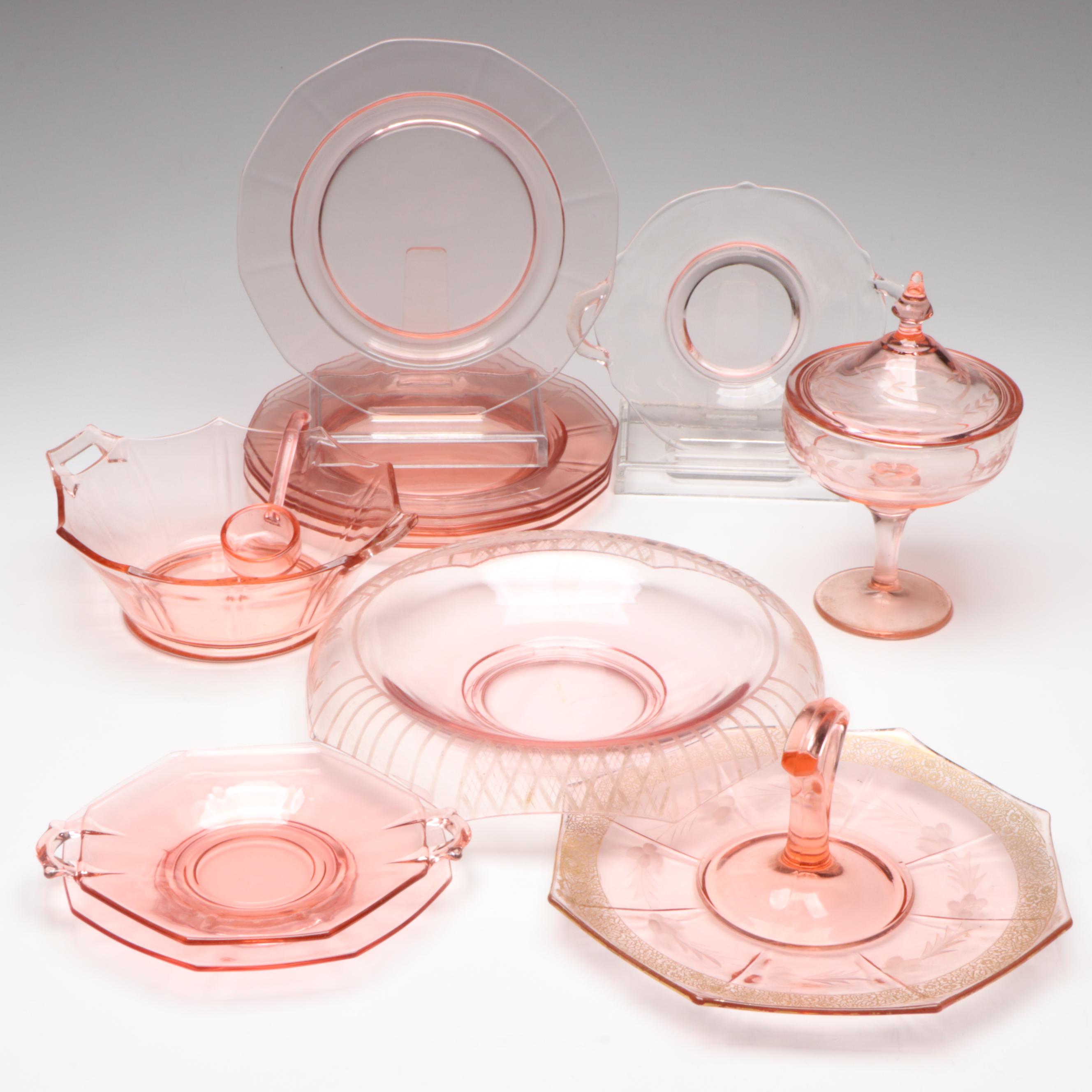 Cambridge "Decagon Pink" Glassware, Rolled Edge Centerpiece and Other Serveware
