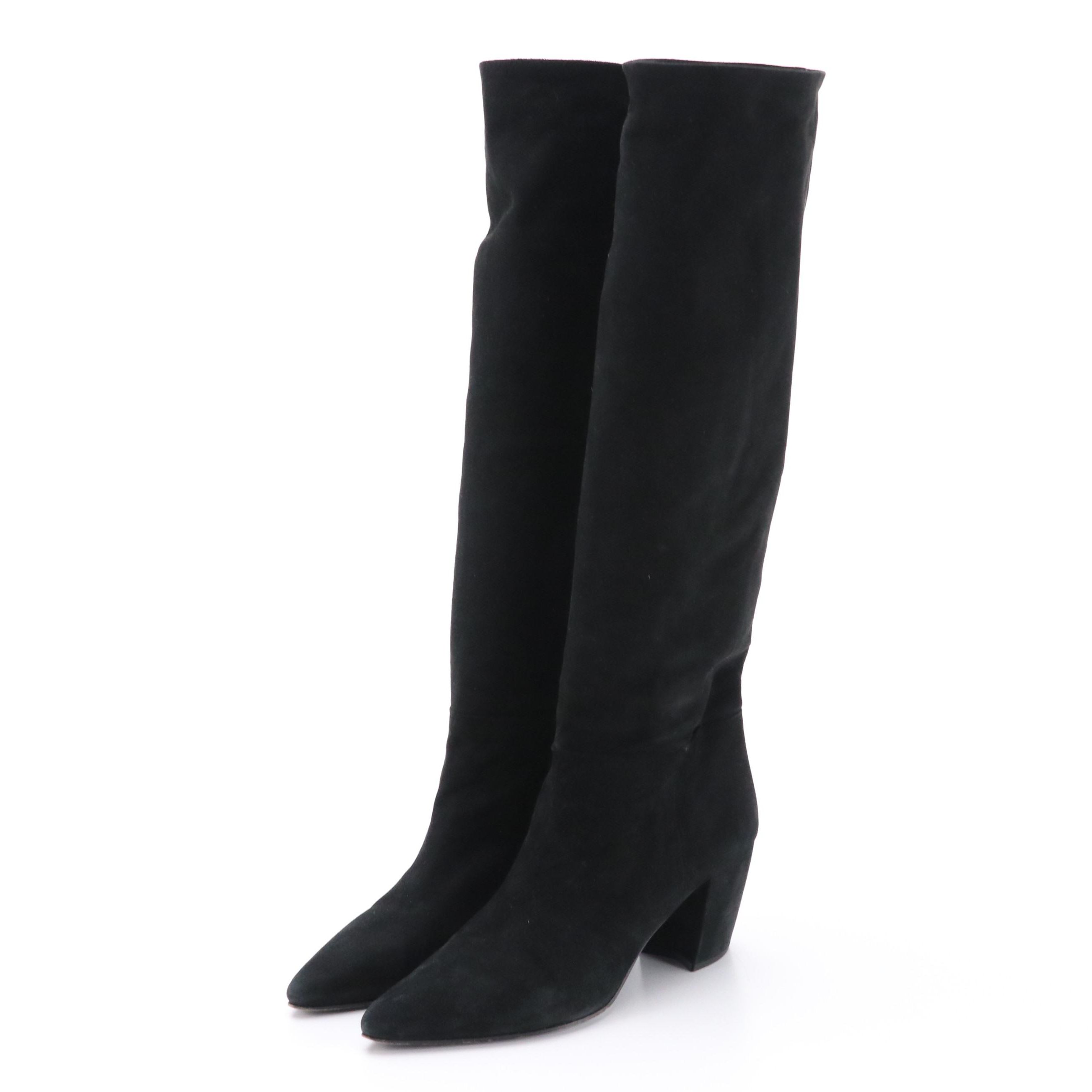 Prada Pointed-Toe Knee-High Heeled Boots in Black Leather