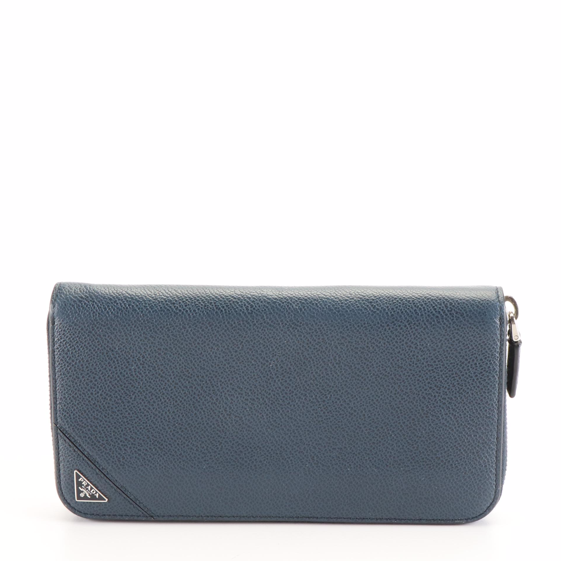 Prada Deep Blue Grained Leather Zip-Around Wallet