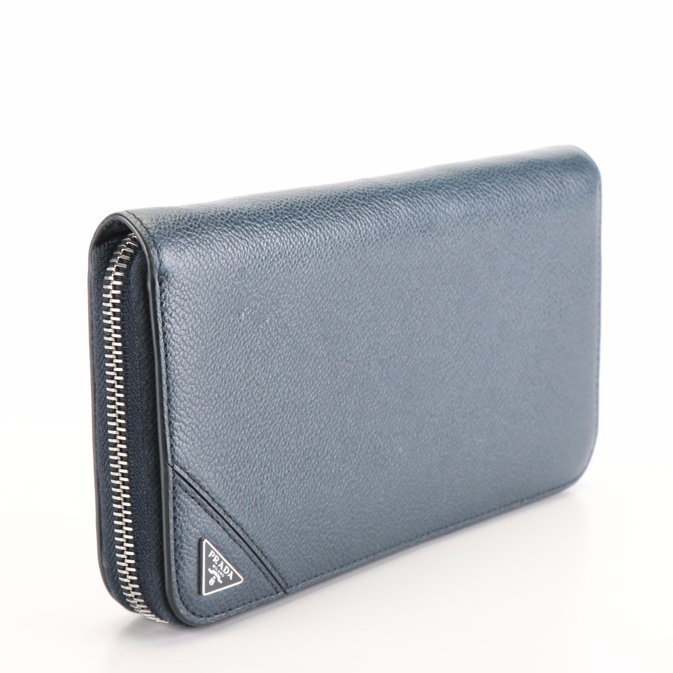 Prada Deep Blue Grained Leather Zip-Around Wallet
