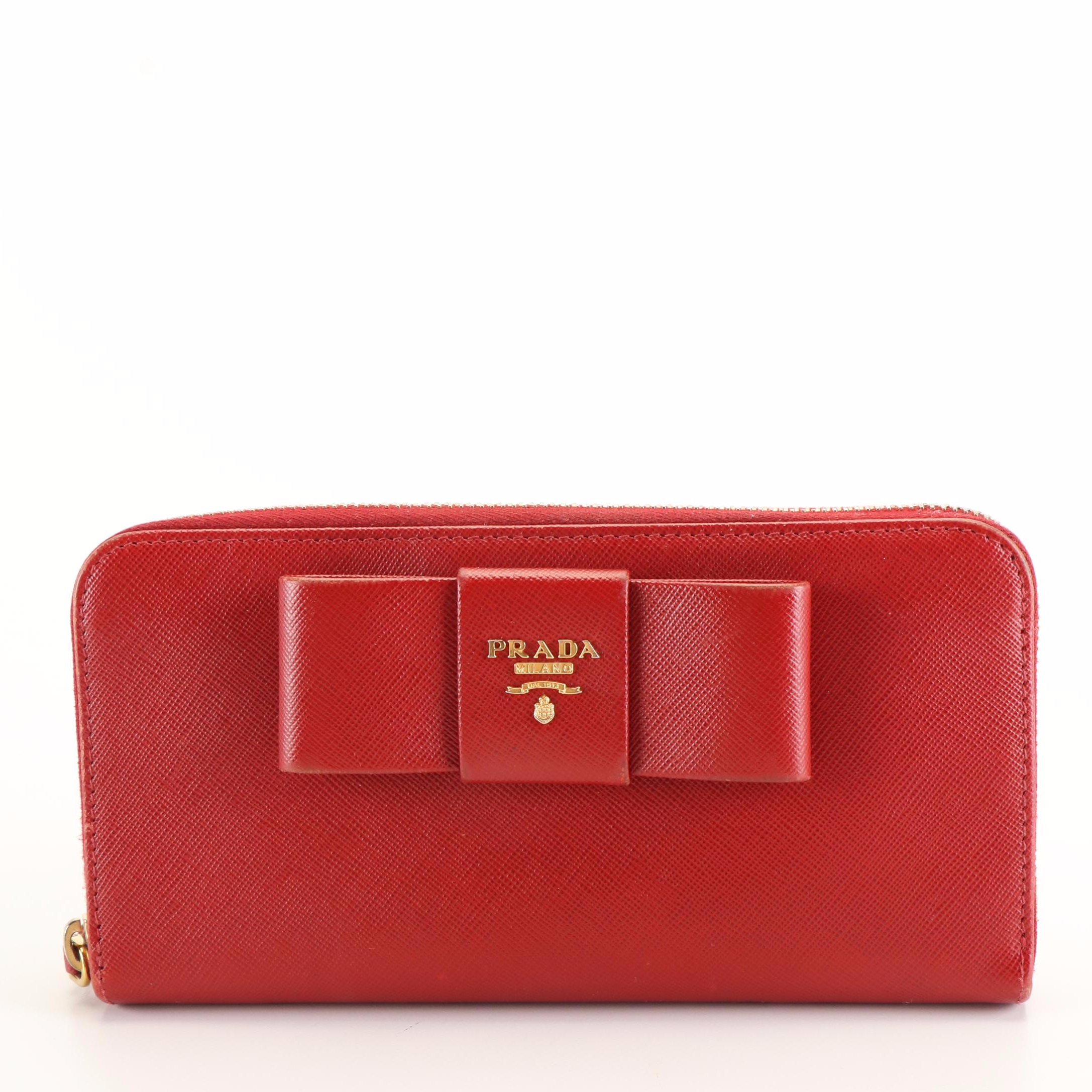 Prada Cherry Red Saffiano Leather Zip-Around Bow Wallet