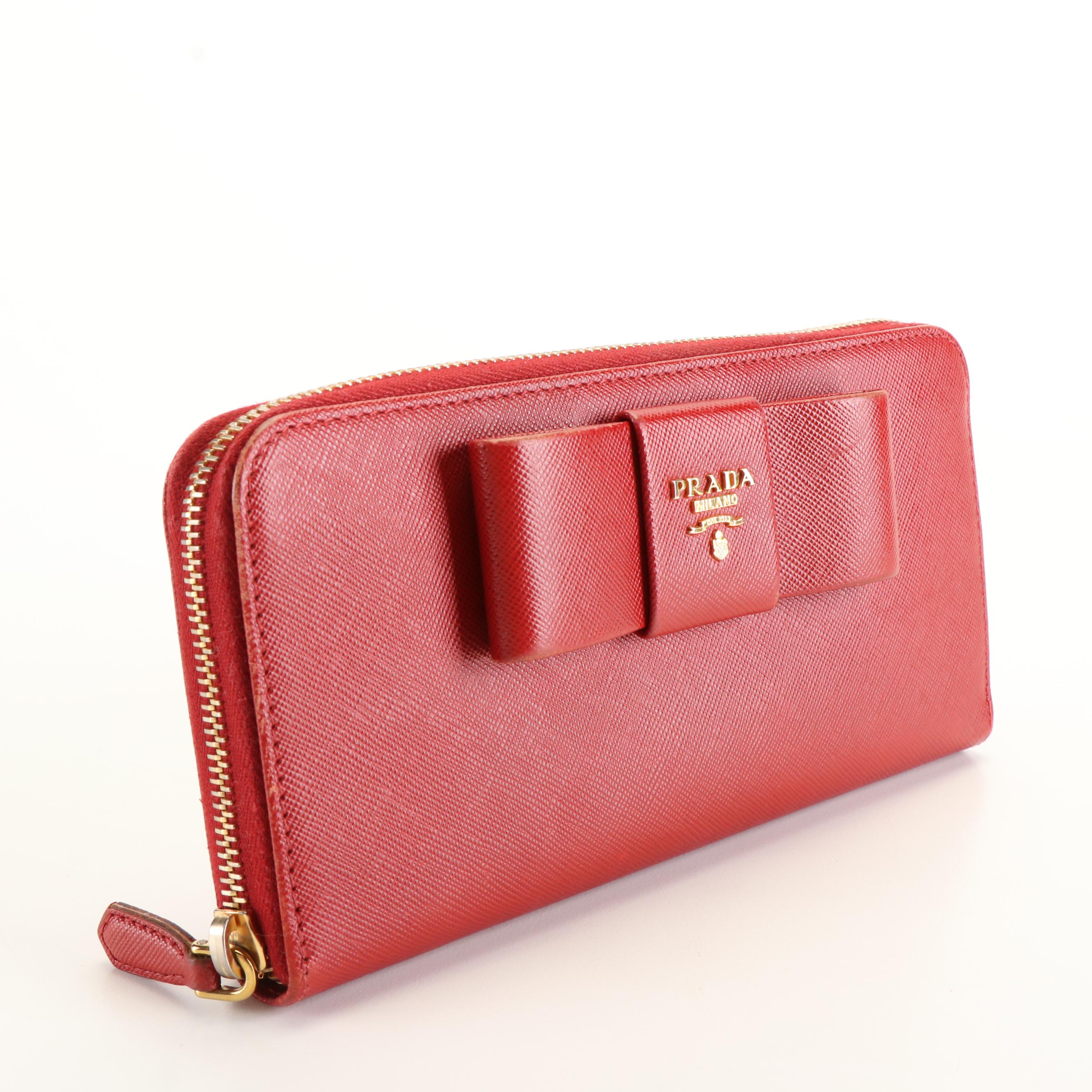 Prada Cherry Red Saffiano Leather Zip-Around Bow Wallet