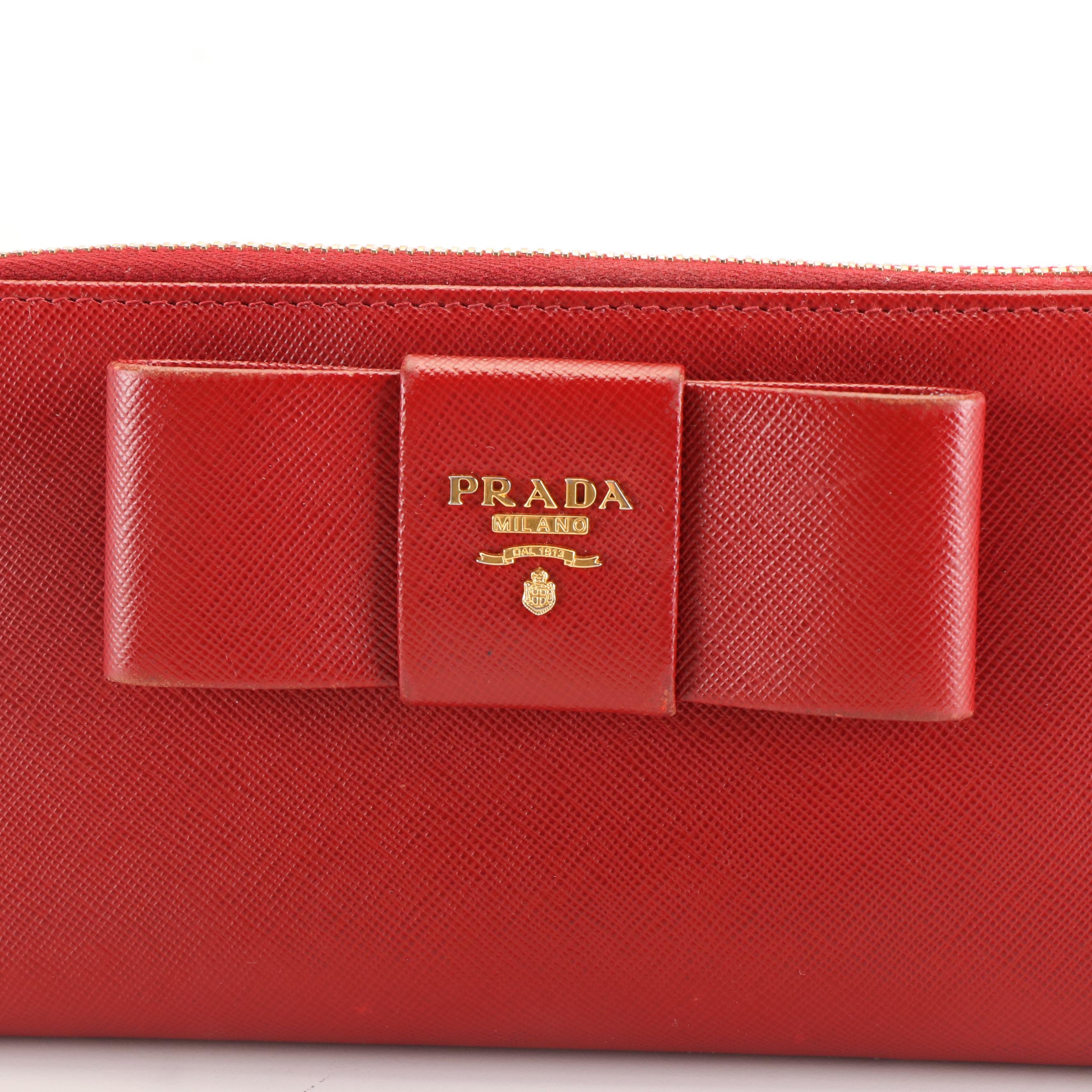 Prada Cherry Red Saffiano Leather Zip-Around Bow Wallet