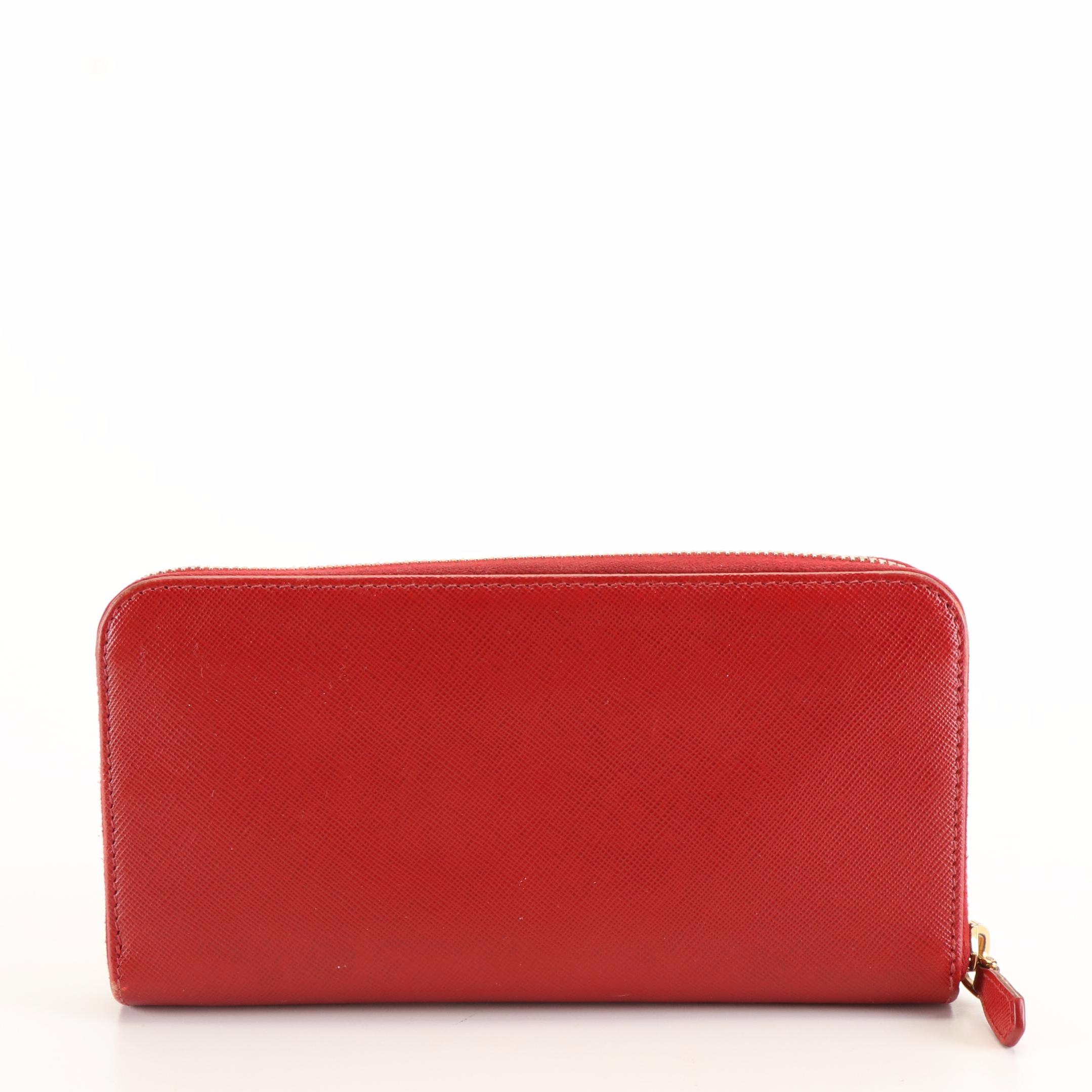 Prada Cherry Red Saffiano Leather Zip-Around Bow Wallet