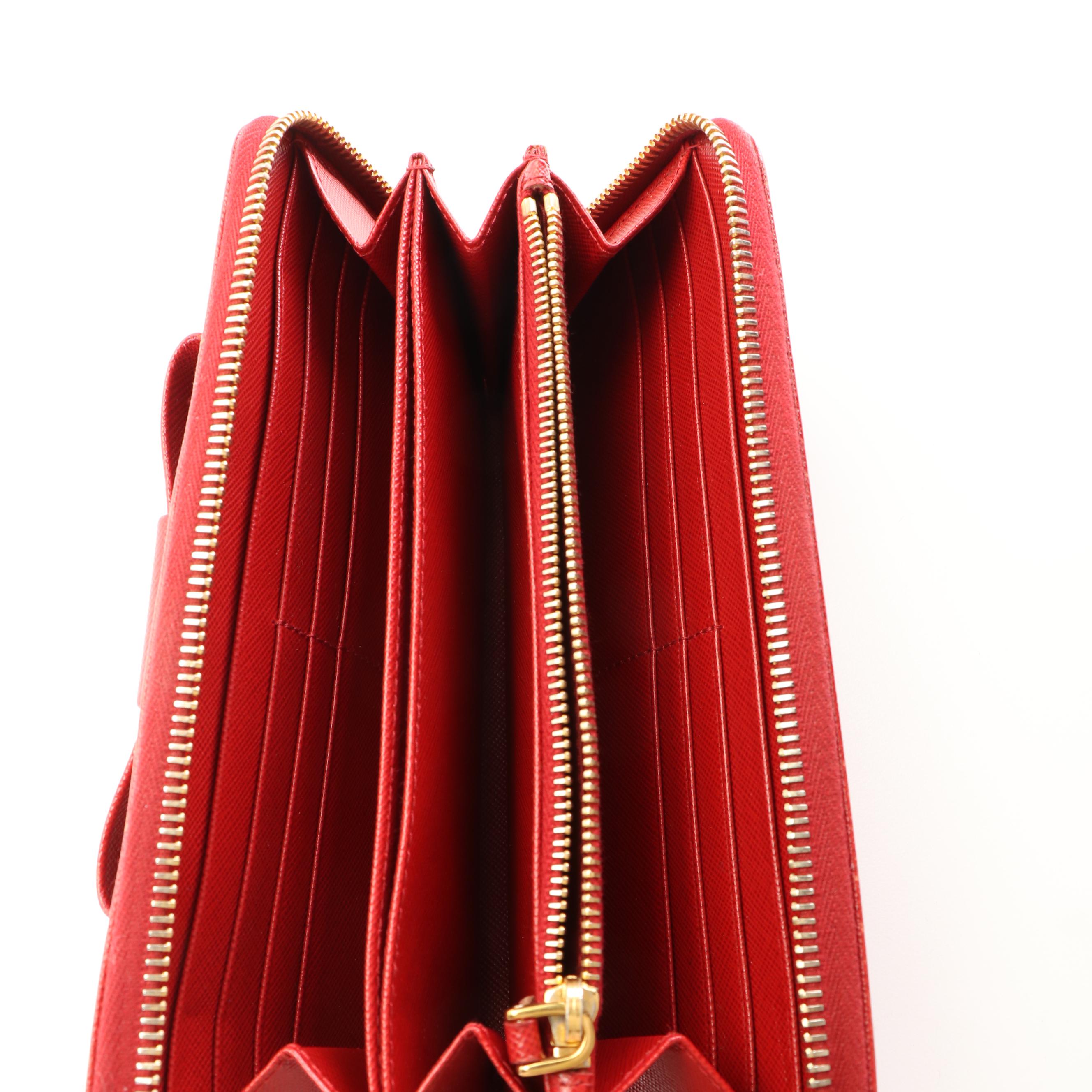 Prada Cherry Red Saffiano Leather Zip-Around Bow Wallet