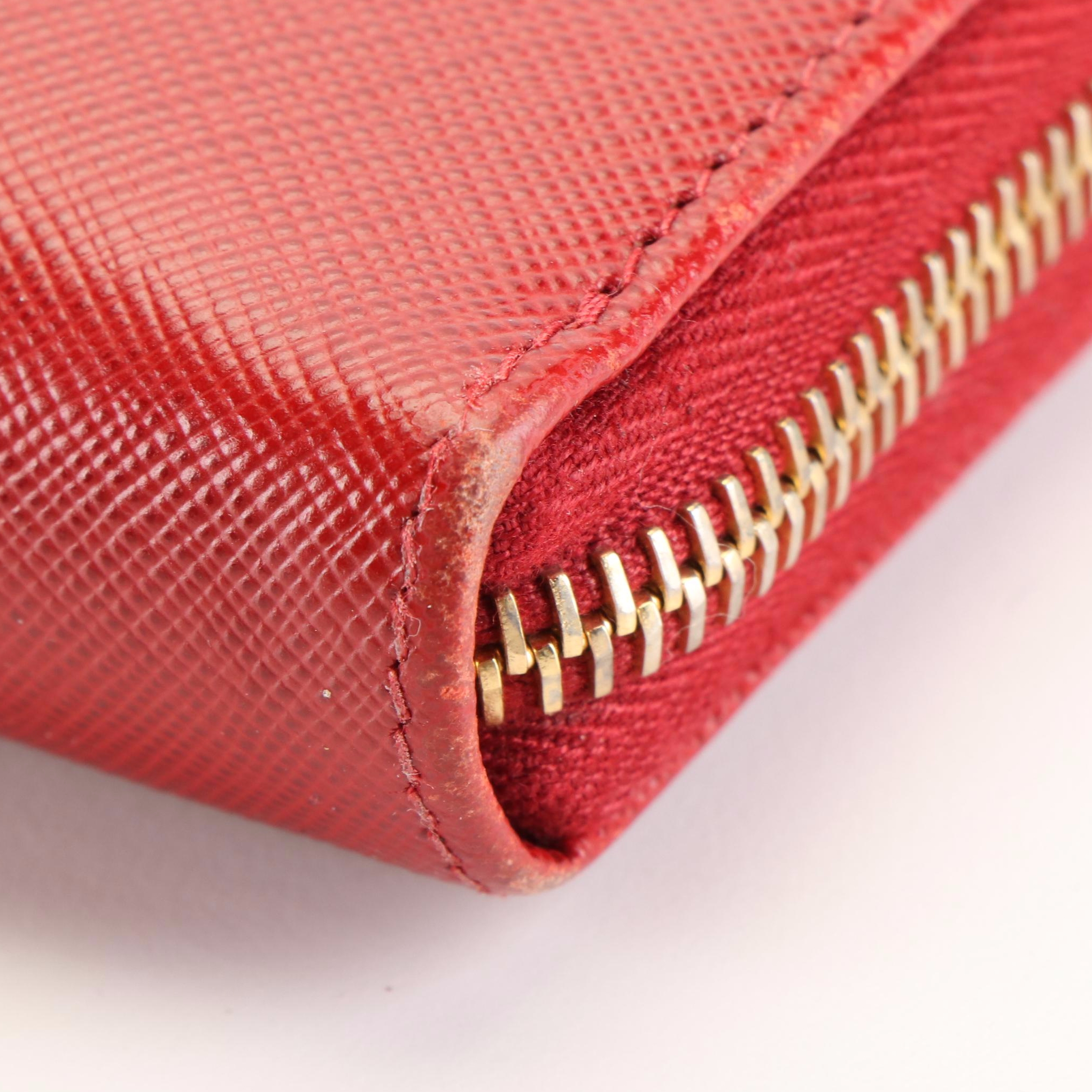 Prada Cherry Red Saffiano Leather Zip-Around Bow Wallet