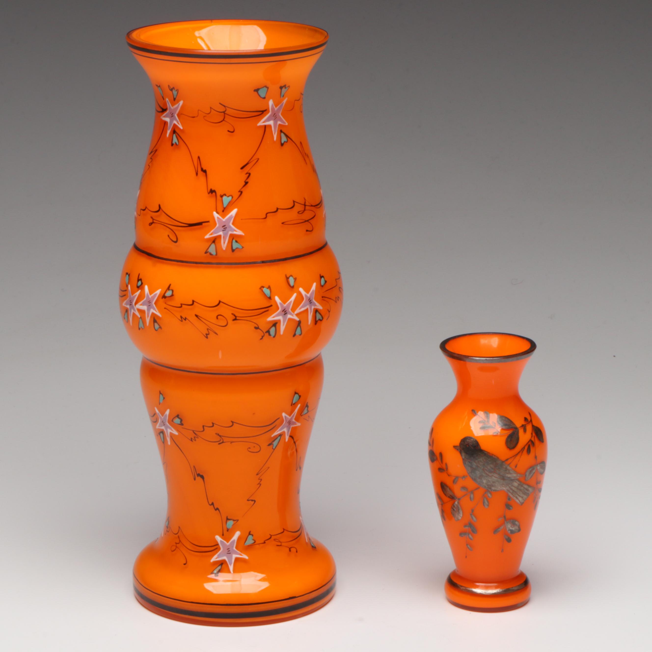 Czech Tango Orange Hand-Decorated  Art Glass Vases