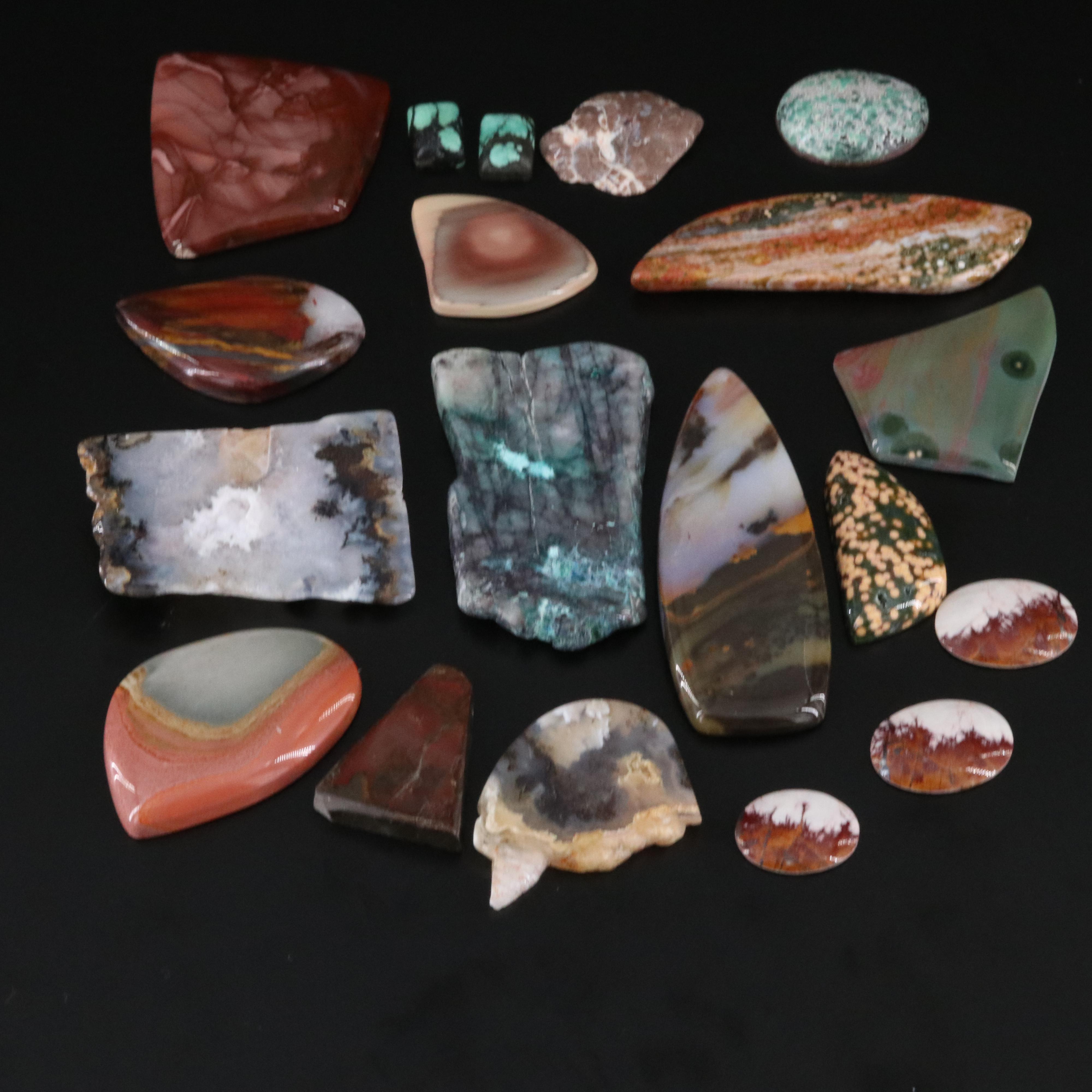 Loose Gemstone Selection Featuring Agate, Jasper, and Turquoise