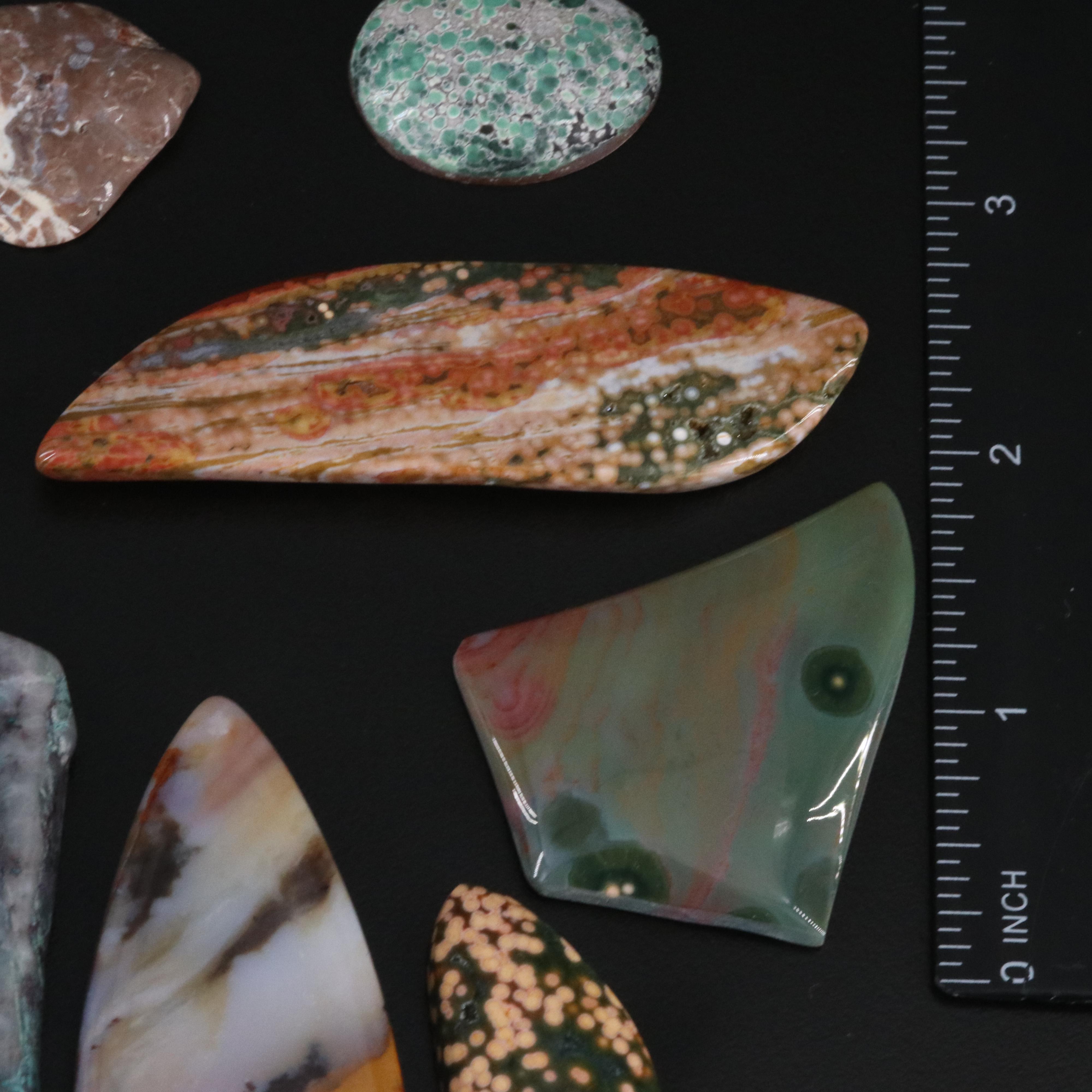 Loose Gemstone Selection Featuring Agate, Jasper, and Turquoise