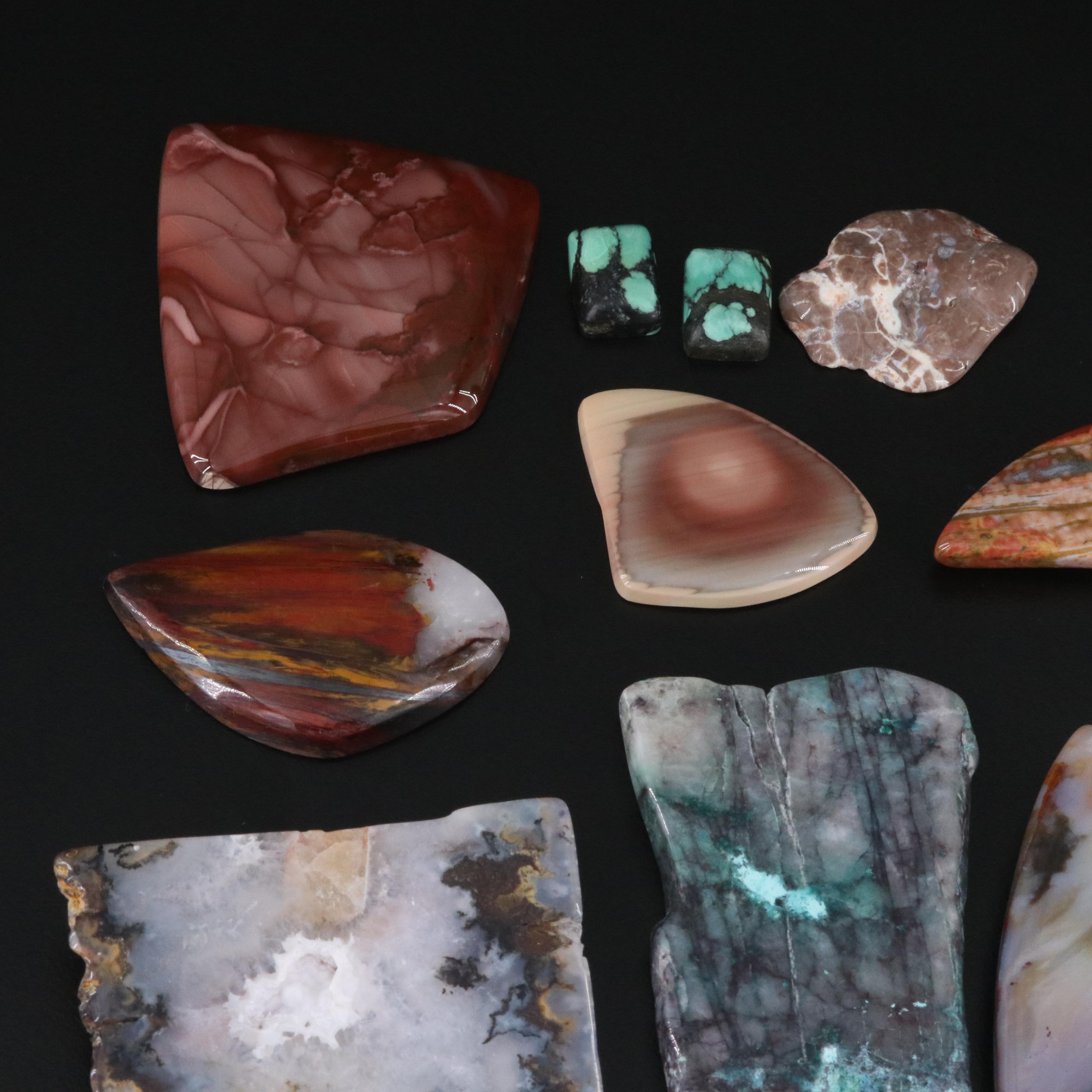 Loose Gemstone Selection Featuring Agate, Jasper, and Turquoise