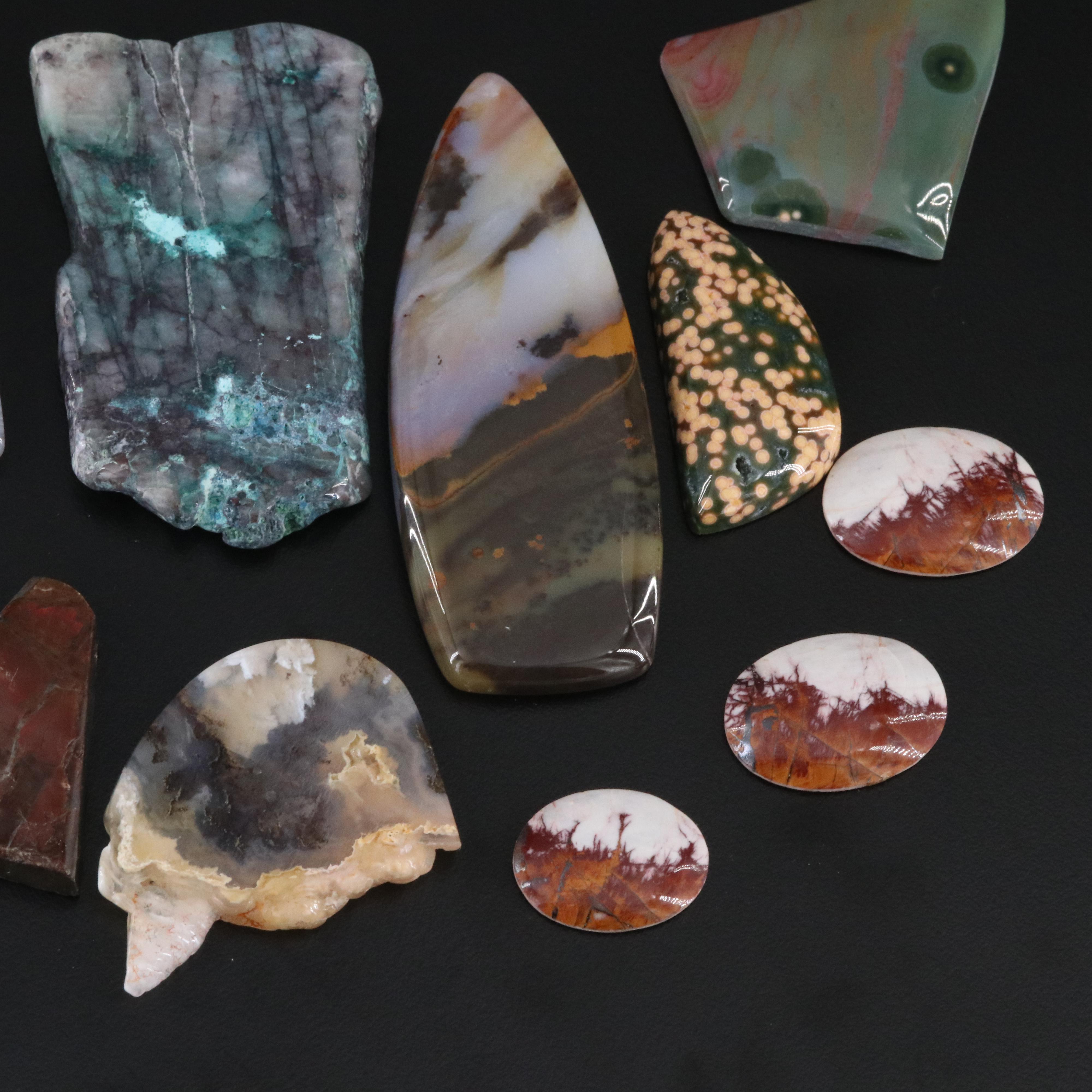 Loose Gemstone Selection Featuring Agate, Jasper, and Turquoise