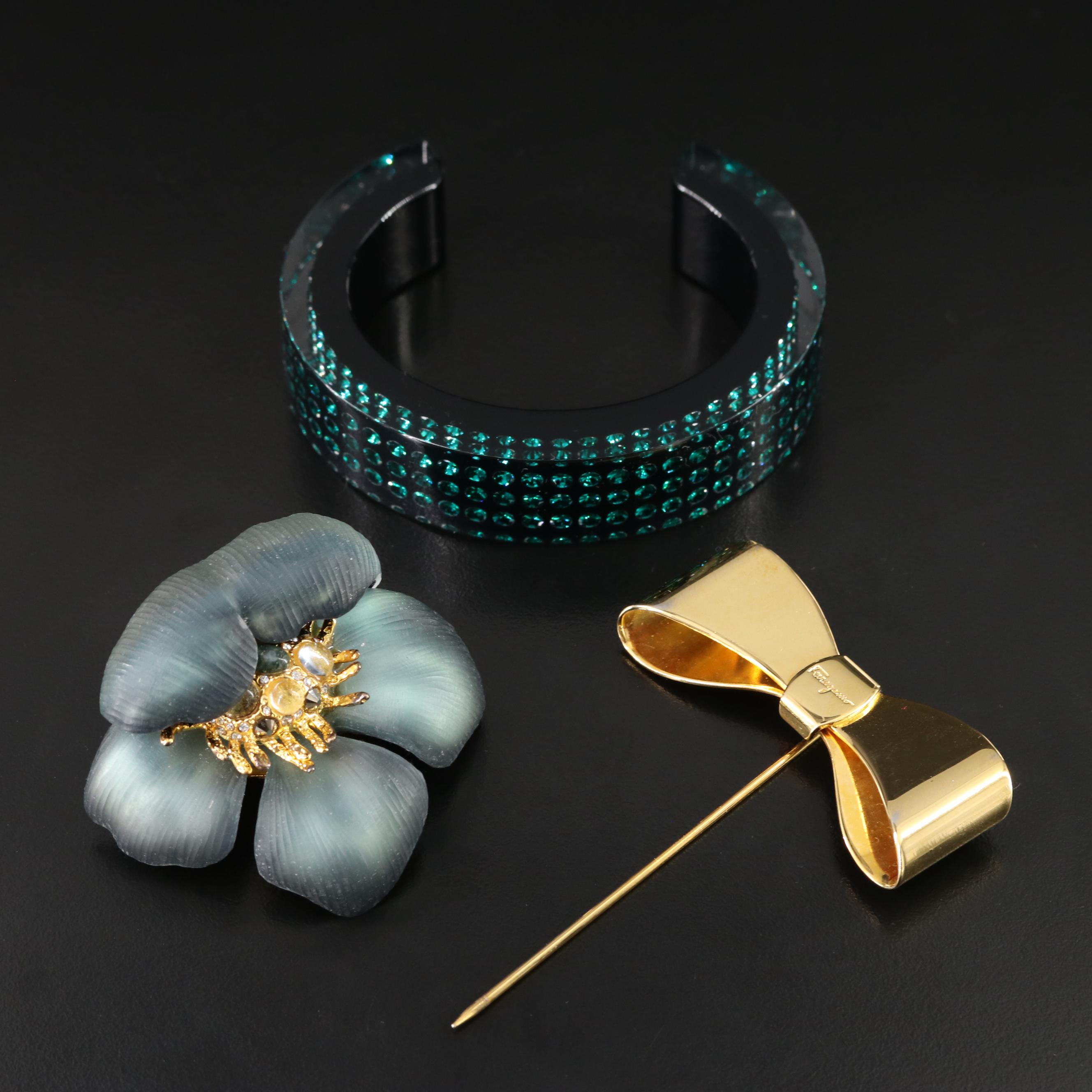 Salvatore Ferragamo Stick Pin and Alexis Bittar Brooch with Swarovski Cuff