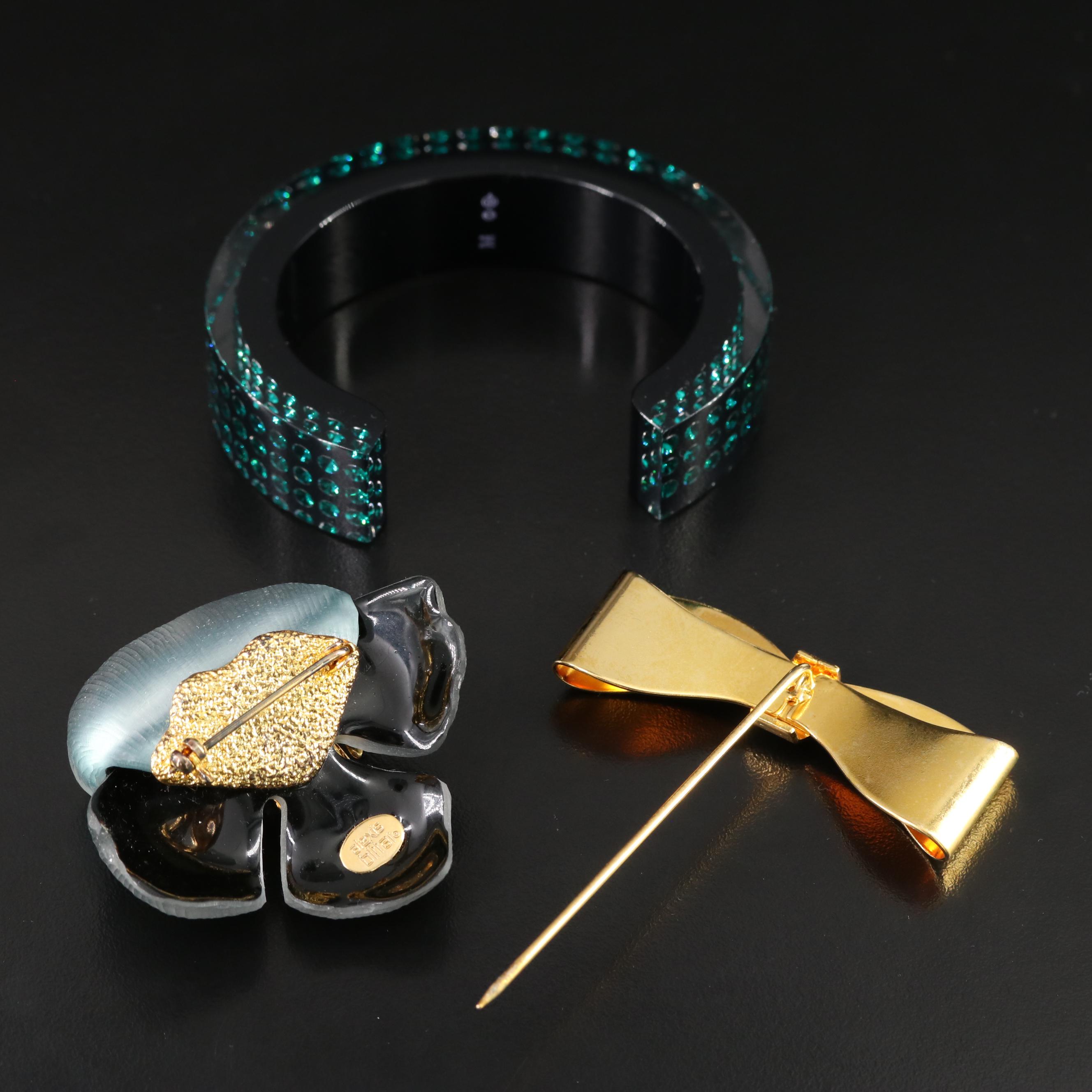 Salvatore Ferragamo Stick Pin and Alexis Bittar Brooch with Swarovski Cuff
