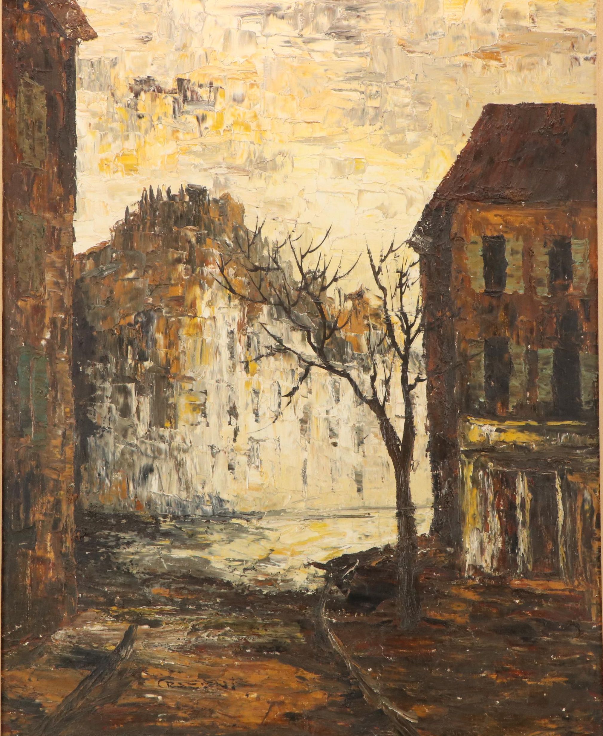 Albert Cragoni Moody Street Scene Oil Painting, Mid-20th Century