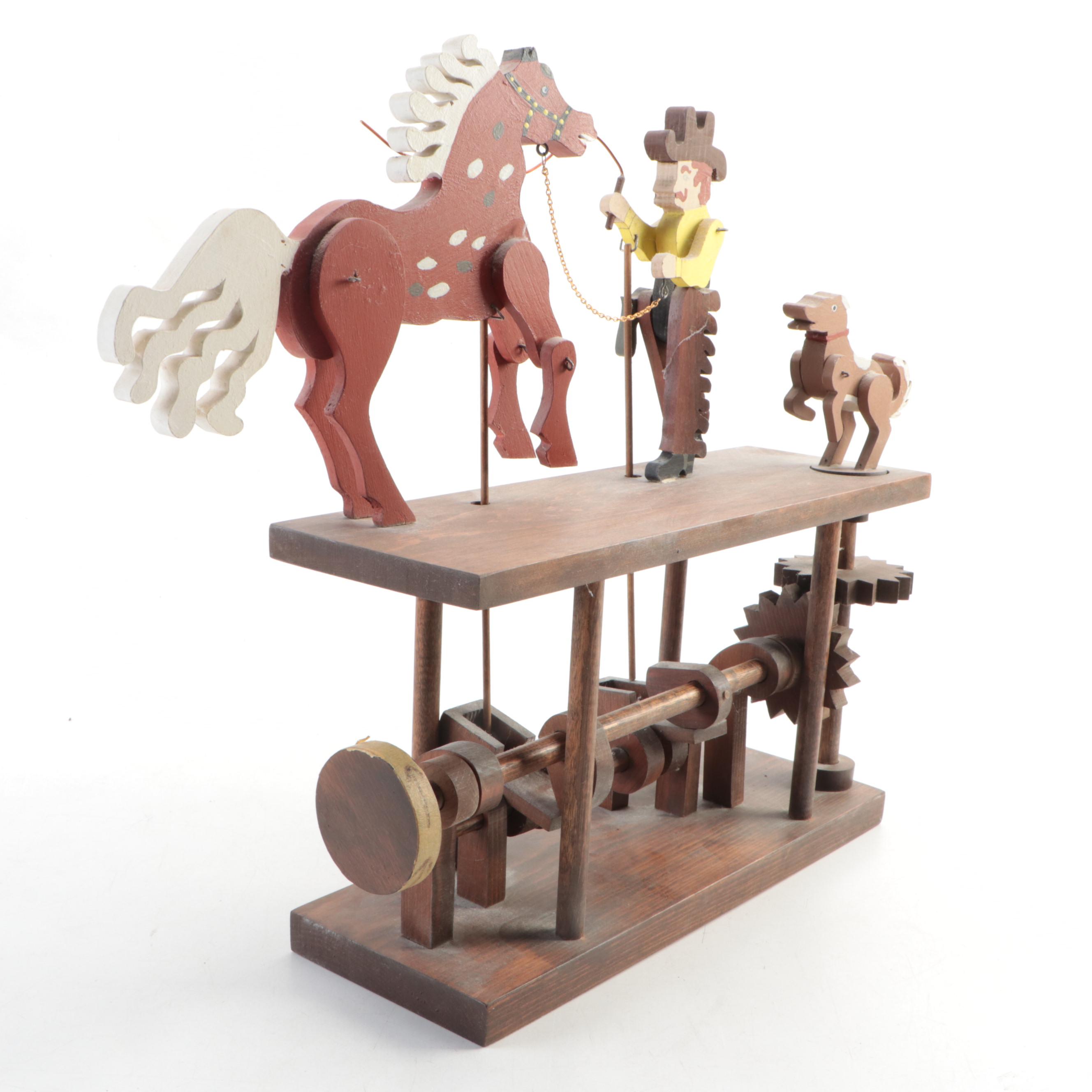 Polychrome Wood Cowboy Horse Taming Mechanical Diorama