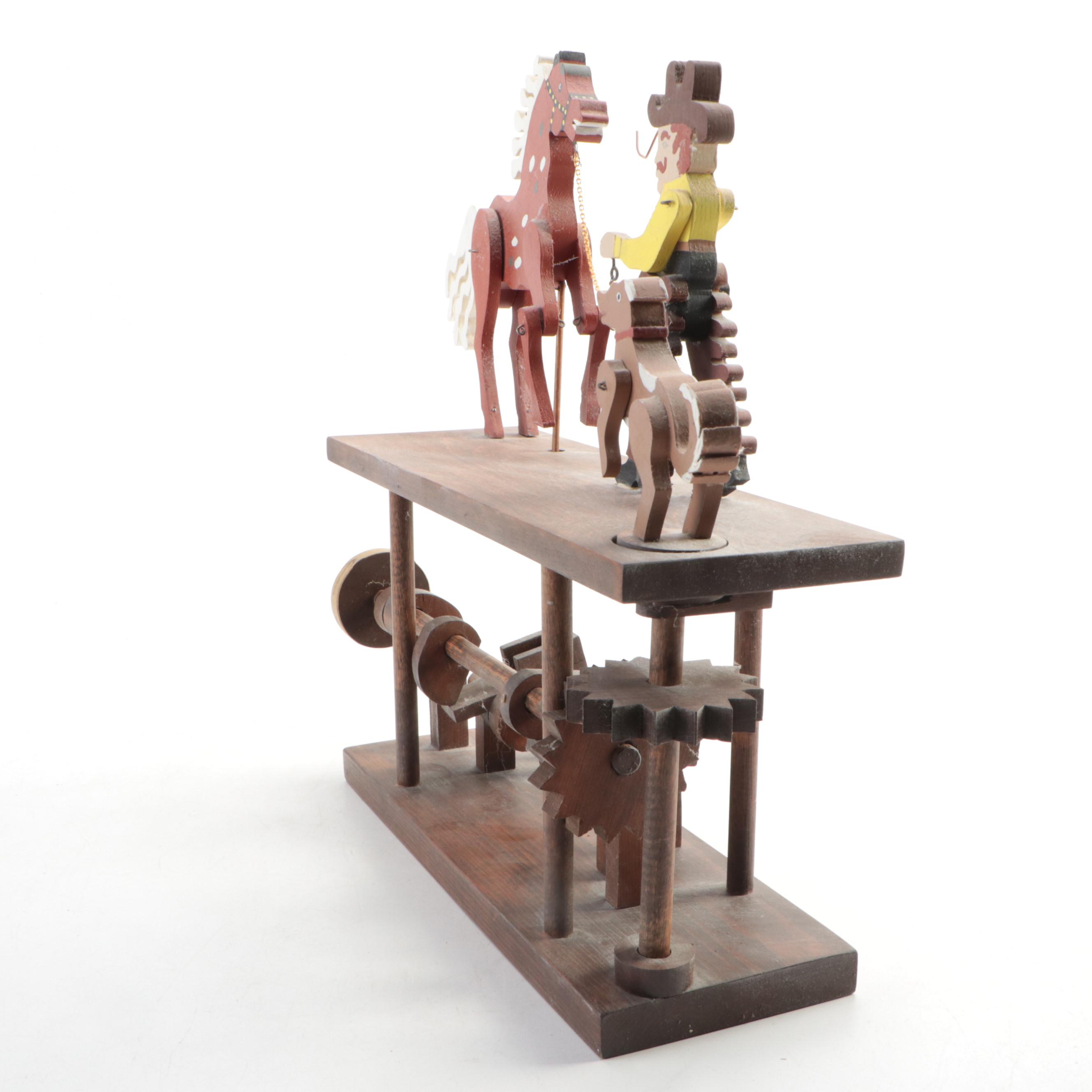 Polychrome Wood Cowboy Horse Taming Mechanical Diorama